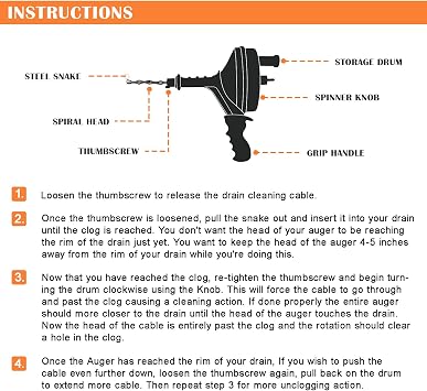 BACOENG 25Ft Drain Auger, Heavy Duty Plumbing Snake with Drill Adapter, Use Manually or Powered for Drain Clog, Shower Sink, with Gloves and Bag (Orange)