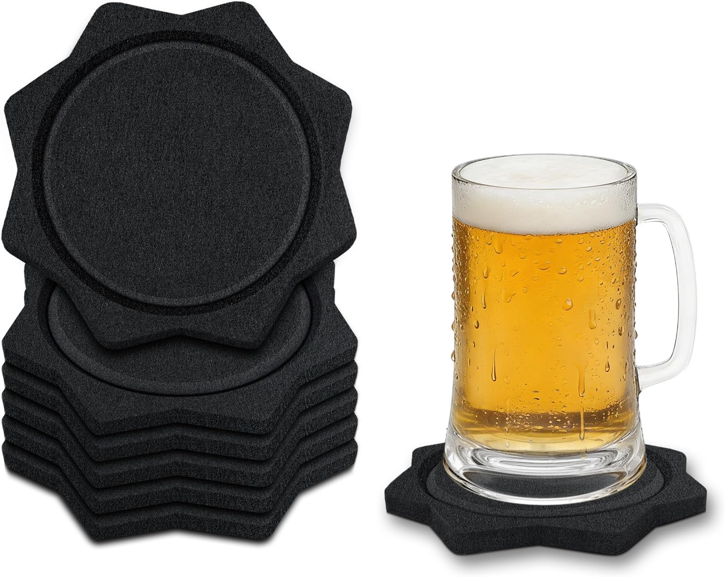 BXI 6 Inch Extra Large Felt Drink Coasters, 6 Pcs 0.4” Thick Black Absorbent Cup Mats, Soft Silent Oversized Beer Mug Placemats, Housewarming Gift Glass Iced Water Pitcher Jug Pads Hot Tea Pot Trivets