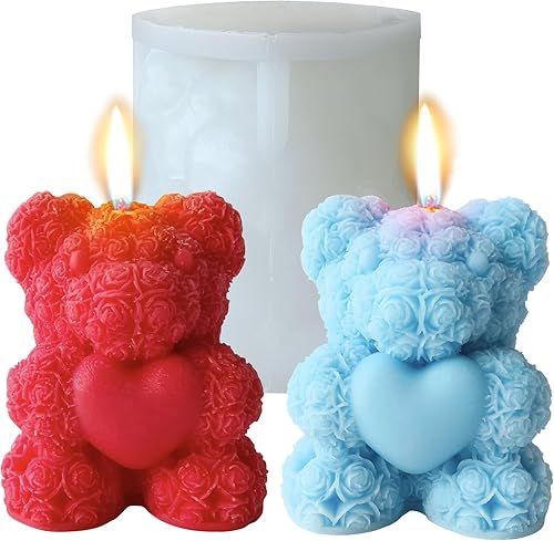 Midnadiy Molde de silicona grande de oso de rosas, moldes para hacer velas de oso de peluche 3D, bonitos moldes de resina epoxi para jabones hechos