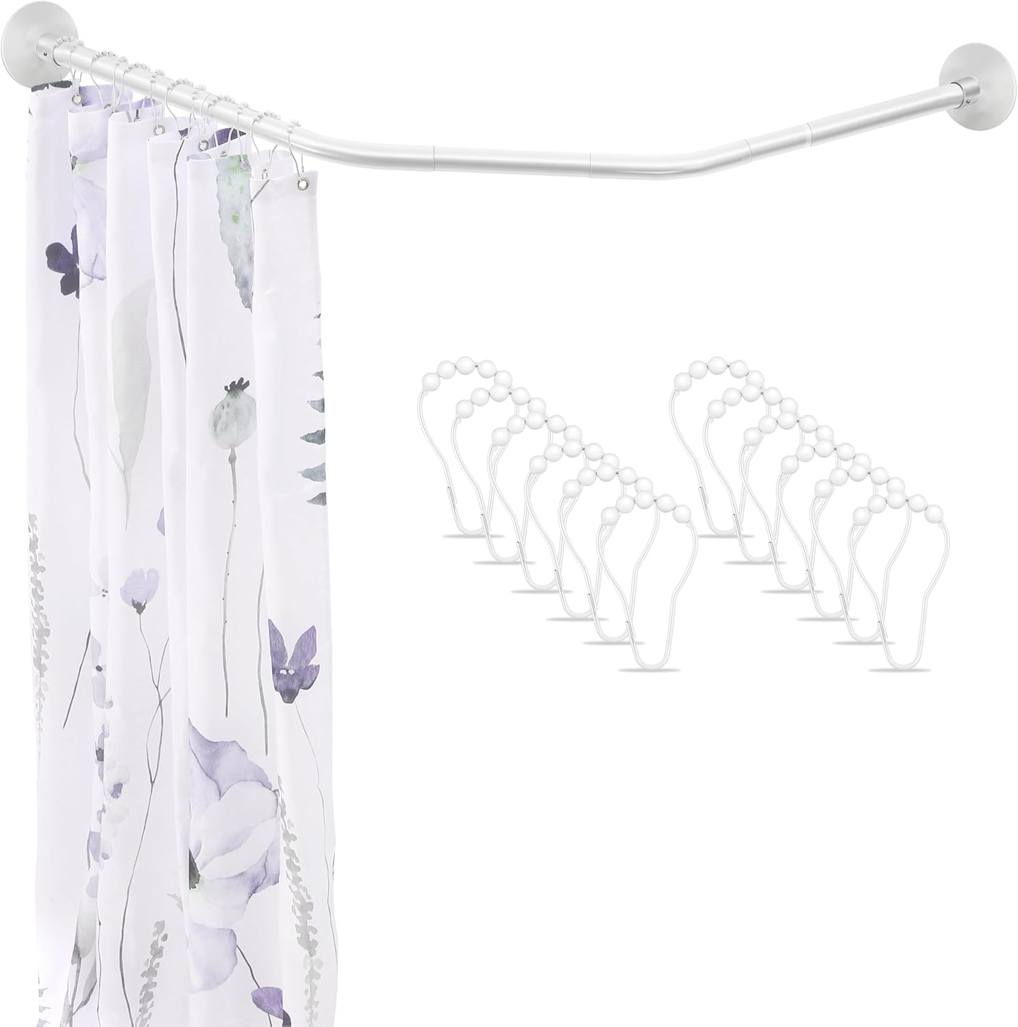 Adjustable White Corner Shower Curtain Rod with 12 Hooks, 31-41 Inch Diamond Shaped Shower Curtain Rod, Curved Rustproof 304 Stainless Steel Shower Rod for Bathroom Bathtub Drill and No Drill