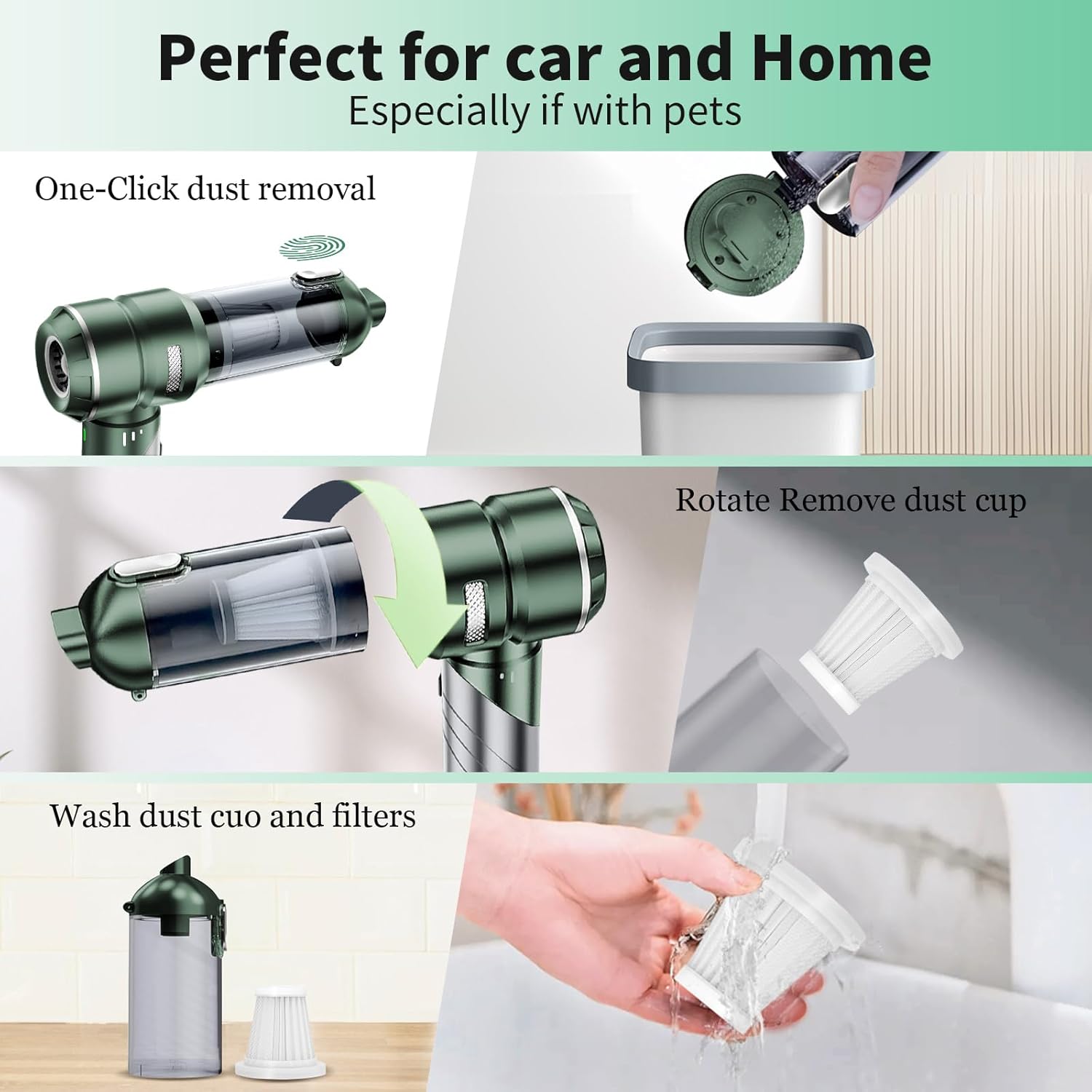Car Vacuum Portable Cordless 22000PA High Power Handheld Mini Vacuum Cleaner Rechargeable Foldable with Brushless Motor Air Blower Duster Pump for Car Home Office Pet (Green) - Image 7