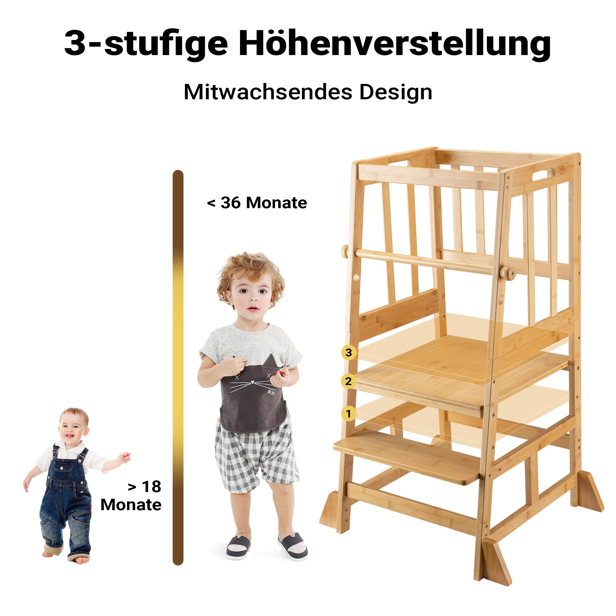Wiltec Kinderstuhl Lernturm 57 x 46 x 90 cm aus Bambus, Lernstuhl für Kinder mit Geländer, Stehturm mit Schutzstab