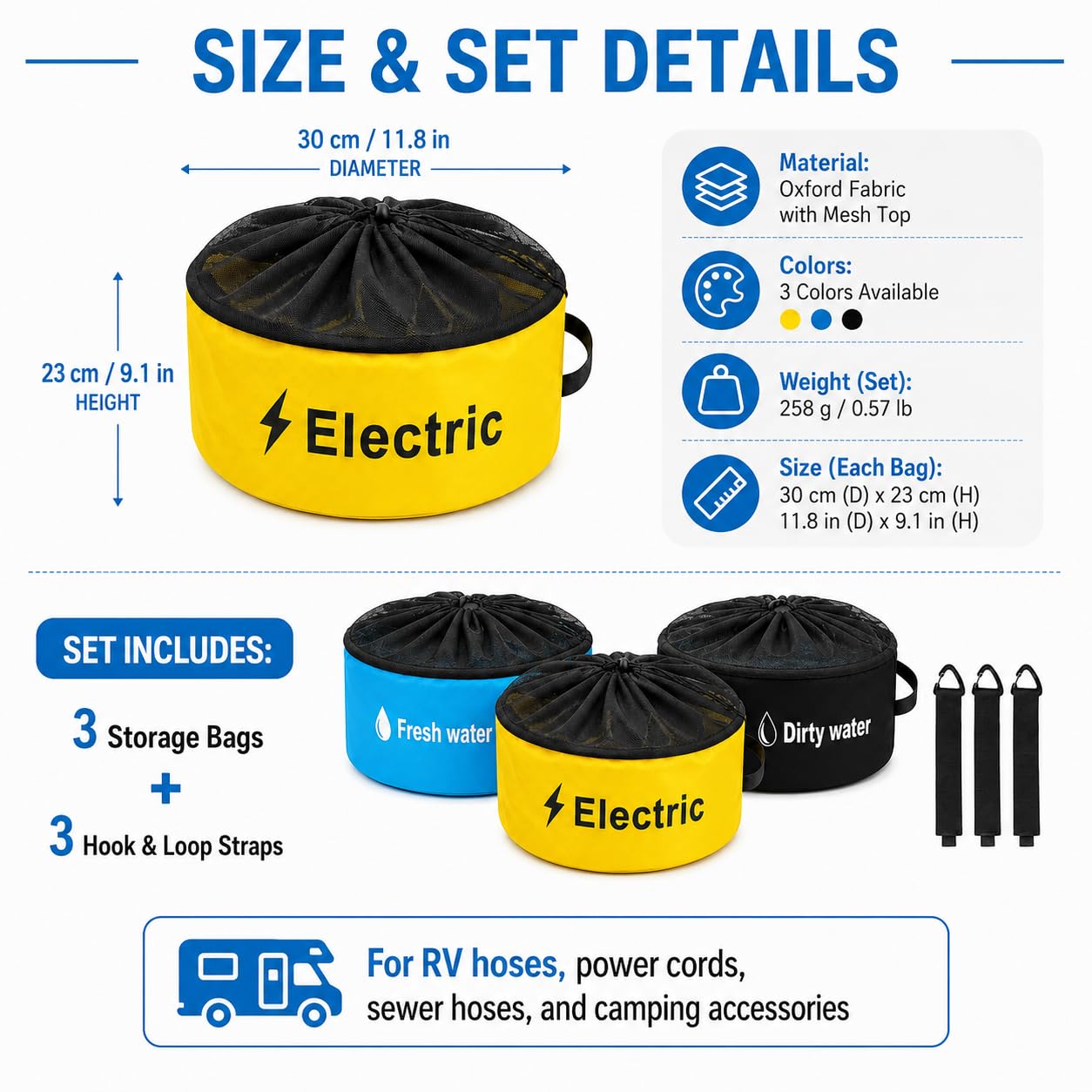 Bolsa de almacenamiento de manguera para RV, paquete de 3 unidades, impermeable, accesorios para caravana, organizador de bolsas de almacenamiento para mangueras de alcantarillado, mangueras de
