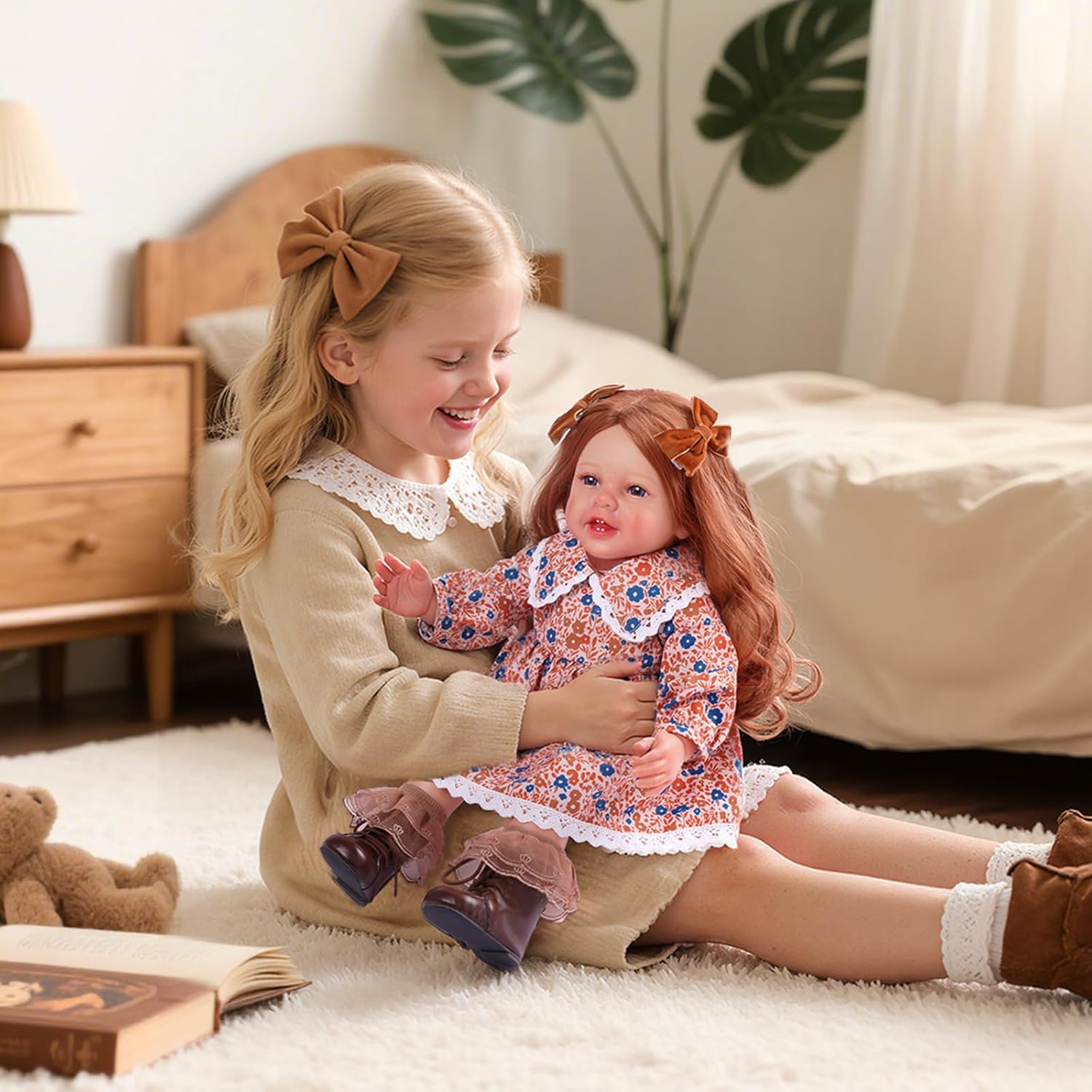 BABESIDE 5 Pcs Reborn Baby Doll Clothes Set for 17-22 Inch Dolls, Cute Floral Doll Dress with Bow Hair Clips Socks and Diaper Reusable for Reborn Baby Dolls Accessories