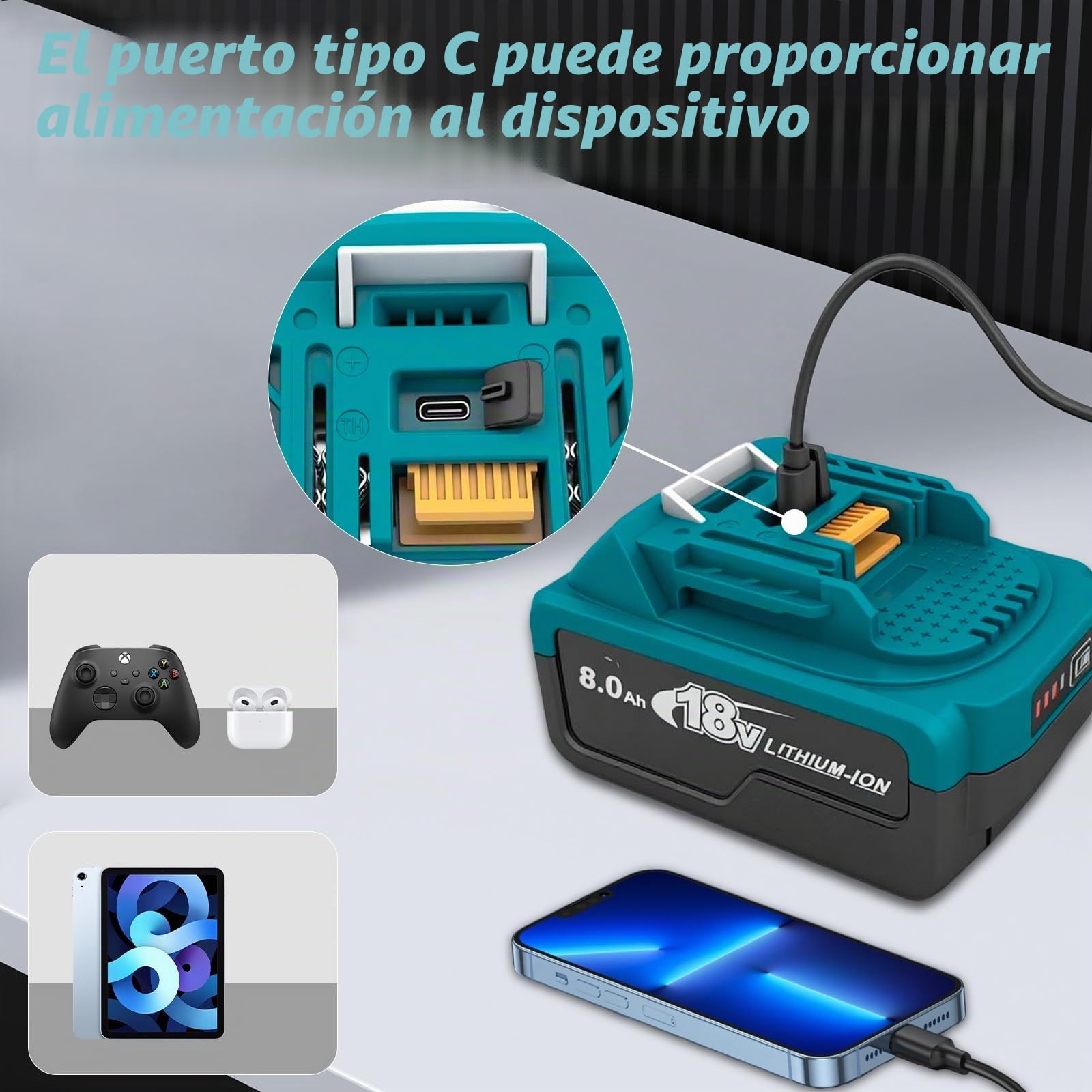 Batería de iones de litio de 8000 mAh 18 V con salida tipo C, batería de repuesto de alta capacidad para herramientas eléctricas inalámbricas de 18 V, indicador de carga LED y protección múltiple