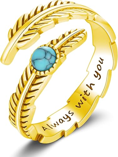 Turquoise/Moss Agate/Moonstone/Black Onyx/Lapis Lazuli/Labradorite/Tiger Eye Feather Ring 925 Sterling Silver Adjustable Ring Western Thumb Rings Vintage Jewelry Gifts for Women