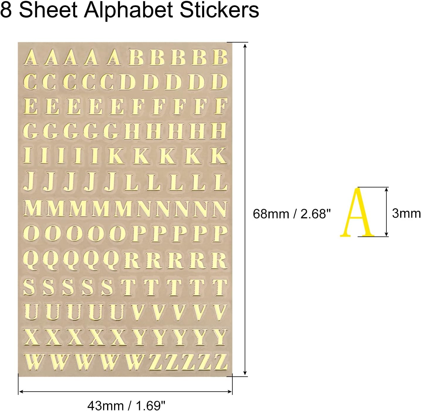 MECCANIXITY 8 Sheets Letter Resin Stickers 3D Small A to Z Gold Mini Alphabet Sticker Metallic Glitter Alloy Uppercase for Resin Nail Scrapbooking 3mm