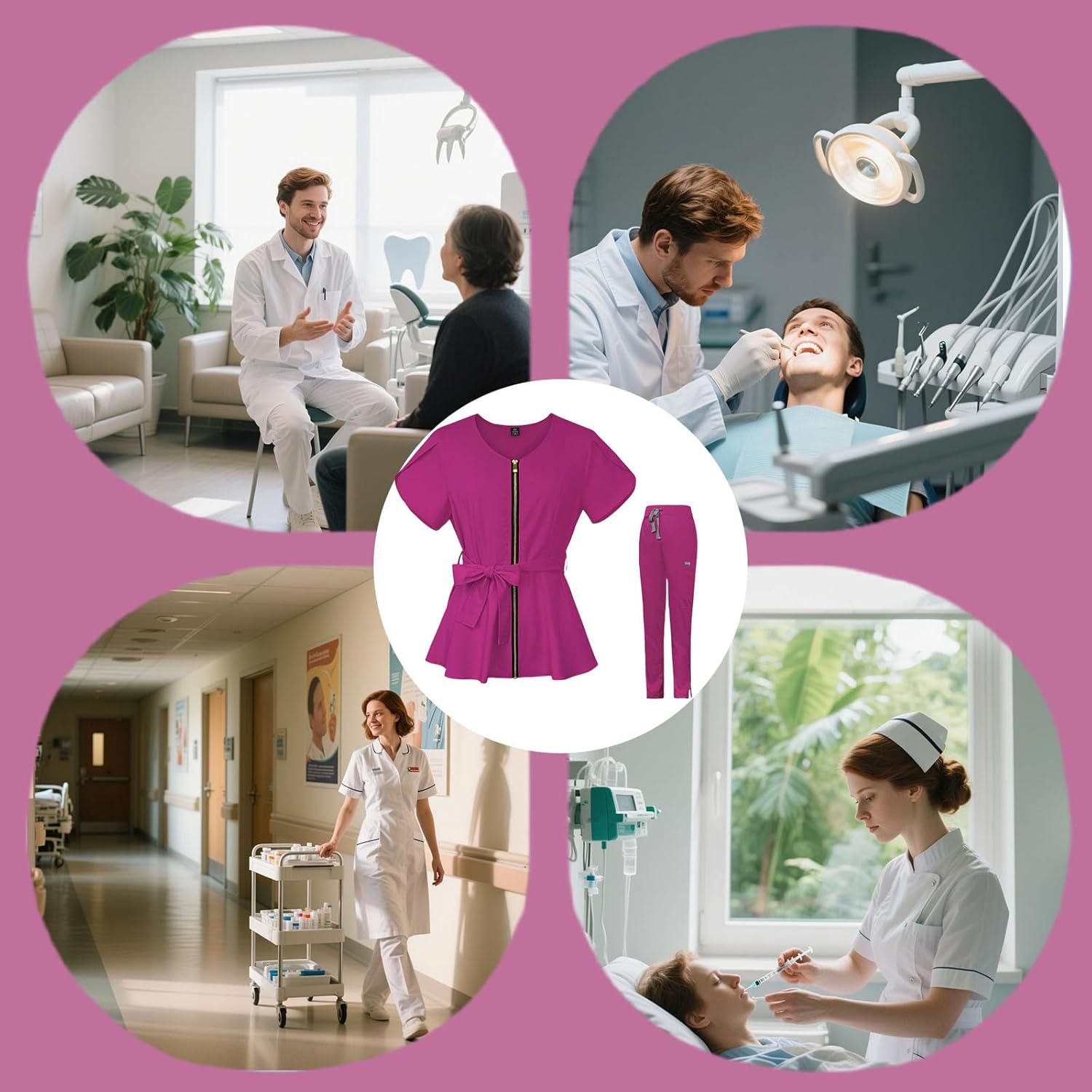 Medical Scrubs for Wome Top & Pants with Zipper Drawstring Pants,Easy Care Uniforms