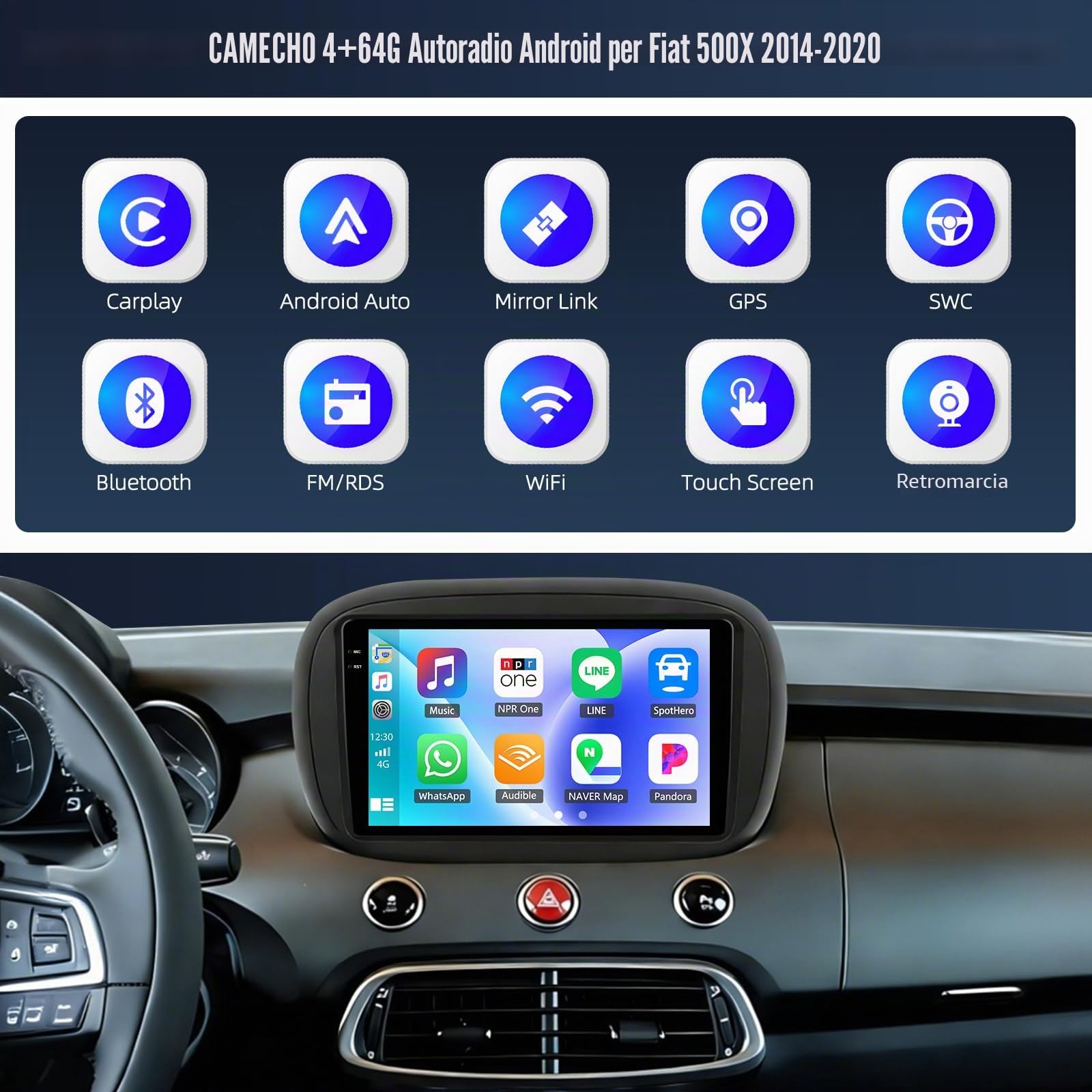 CAMECHO 4+64G 9 Pollici Autoradio per Fiat 500X 2014-2020 Android 15 Radio GPS con WIFI Bluetooth Wireless Carplay Android Auto FM RDS Mirror Link, touchscreen HD Incell + Telecamera Posteriore