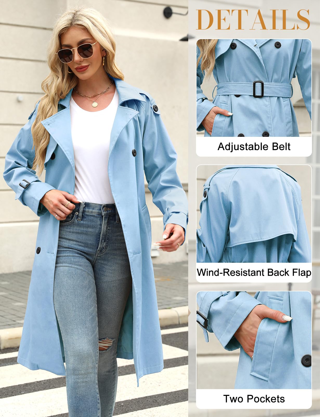 Tuopuda Gabardina para mujer Casual Abrigos con Cinturón Larga Gabardina mujer de Cuello Solapa Clásica Doble Botonadura Cortaviento Trench Chaqueta Primavera Otoño Abrigos