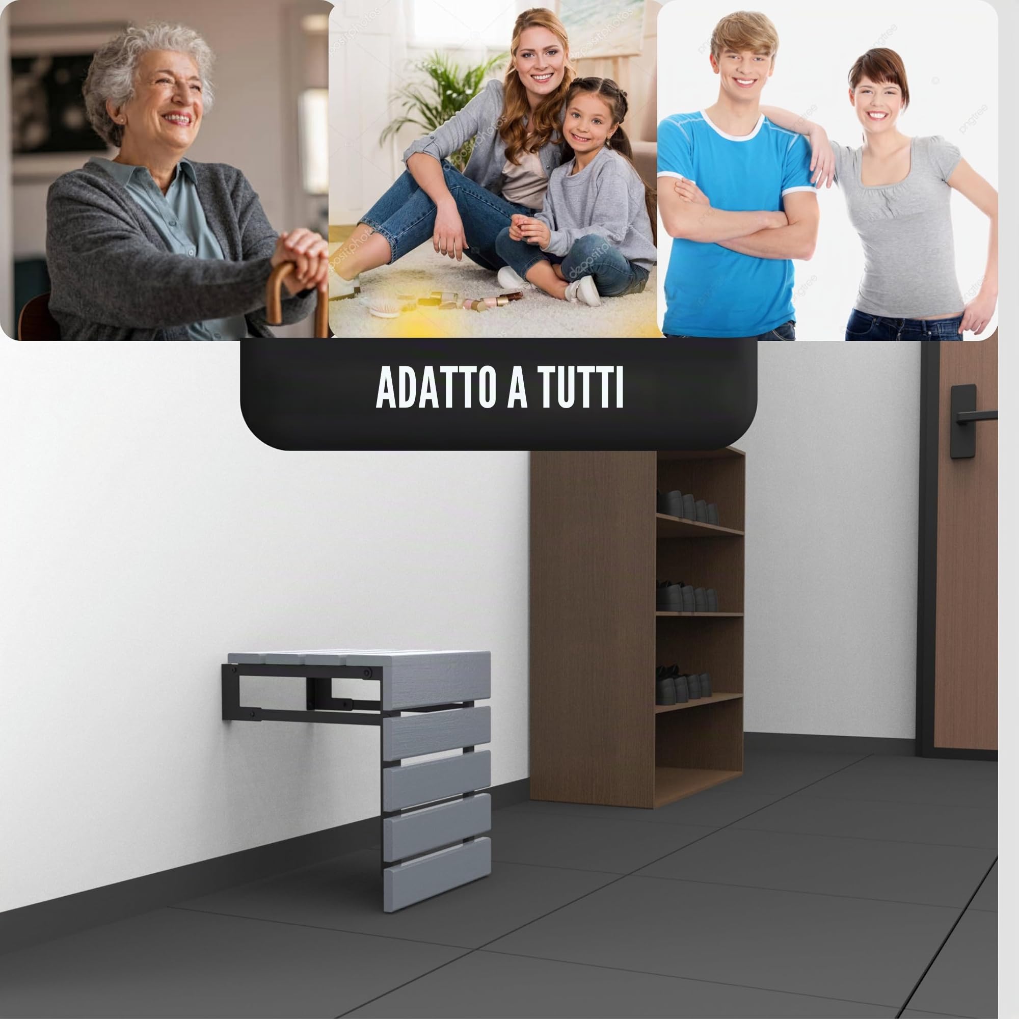 Seggiolino doccia murale pieghevole in legno di teak fatto a mano, sgabello doccia interno per anziani, disabili, donne incinte e con disabilità, panca esterna pieghevole resistente all'acqua (grigio)