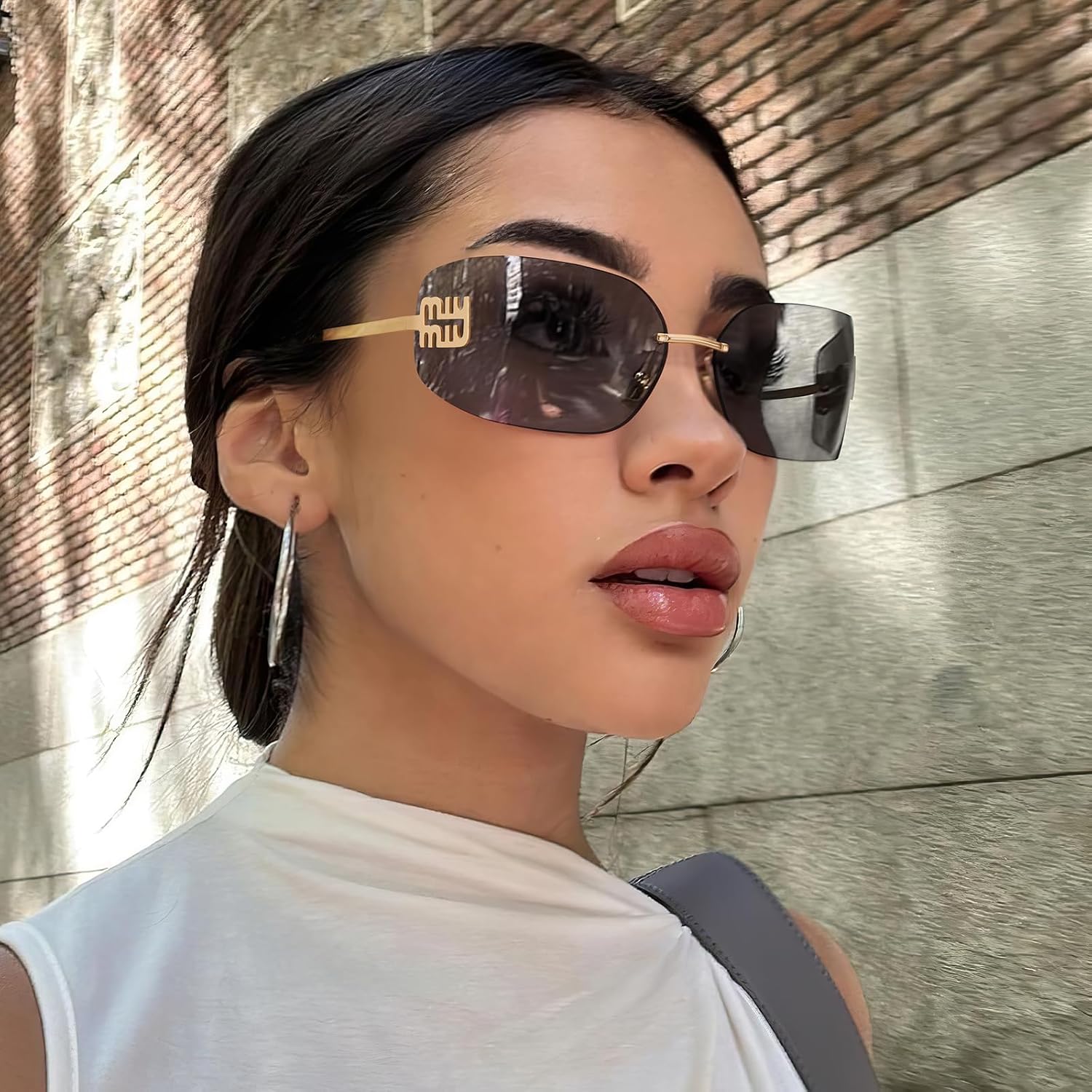Dollger Rimless Y2K Sunglasses Women Retro Trendy Wrap Around Shield Frame Designer 90s Fashion Glasses