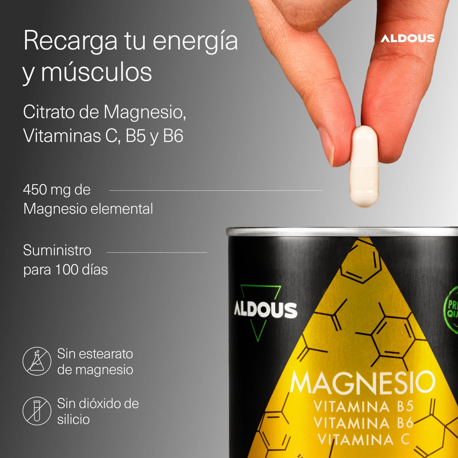 Citrato de Magnesio 1500 mg - 200 Cápsulas - Magnesio Puro 450mg + Vitamina C, B6, B5 Dosis Diaria - Alta Biodisponibilidad - Vitaminas para el Cansancio y Fatiga - ALDOUS
