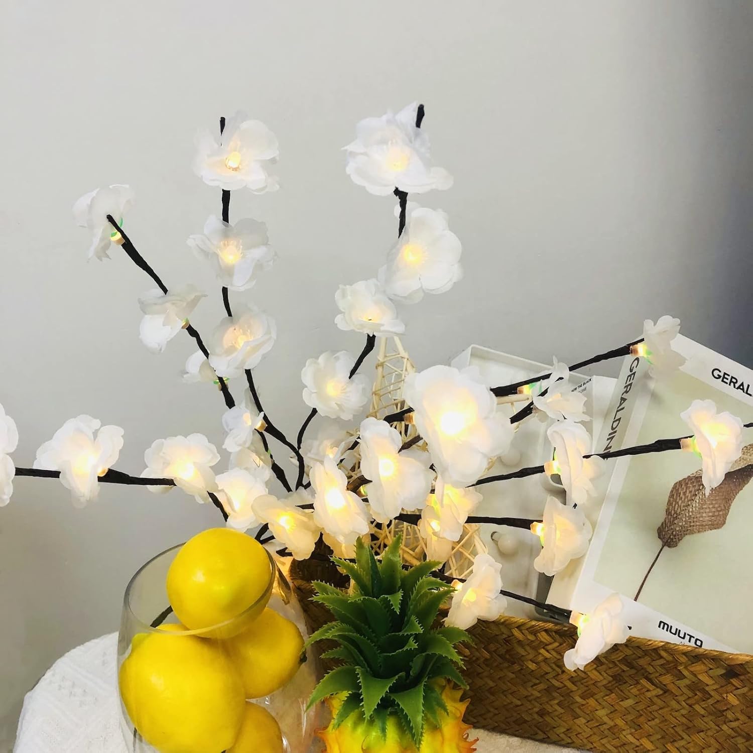 2 Pack Led White Plum Bossom Branch Light Battery Operated Artificial Lamei Floral Twig Light 30 Inch 20 LED for Home Vase Decoration (White Plum)