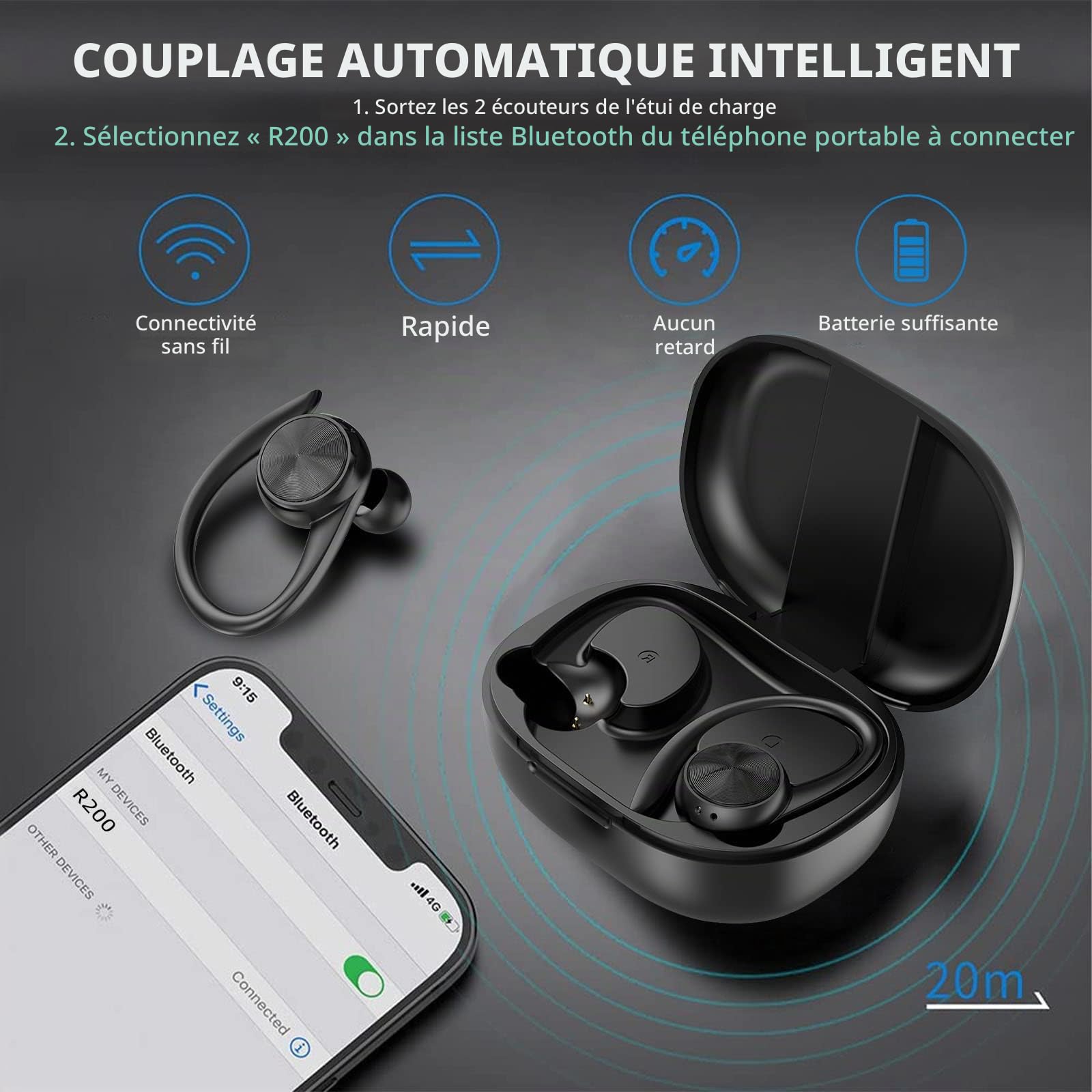 BROTHER INTERNATIONAL CORPORAT Casque Bluetooth, Casque sans Fil avec Microphone, Casque Bluetooth Sport, Son stéréo HiFi, Charge Rapide USB-C, réduction du Bruit, étanche IPX7, Temps de Lecture 48H