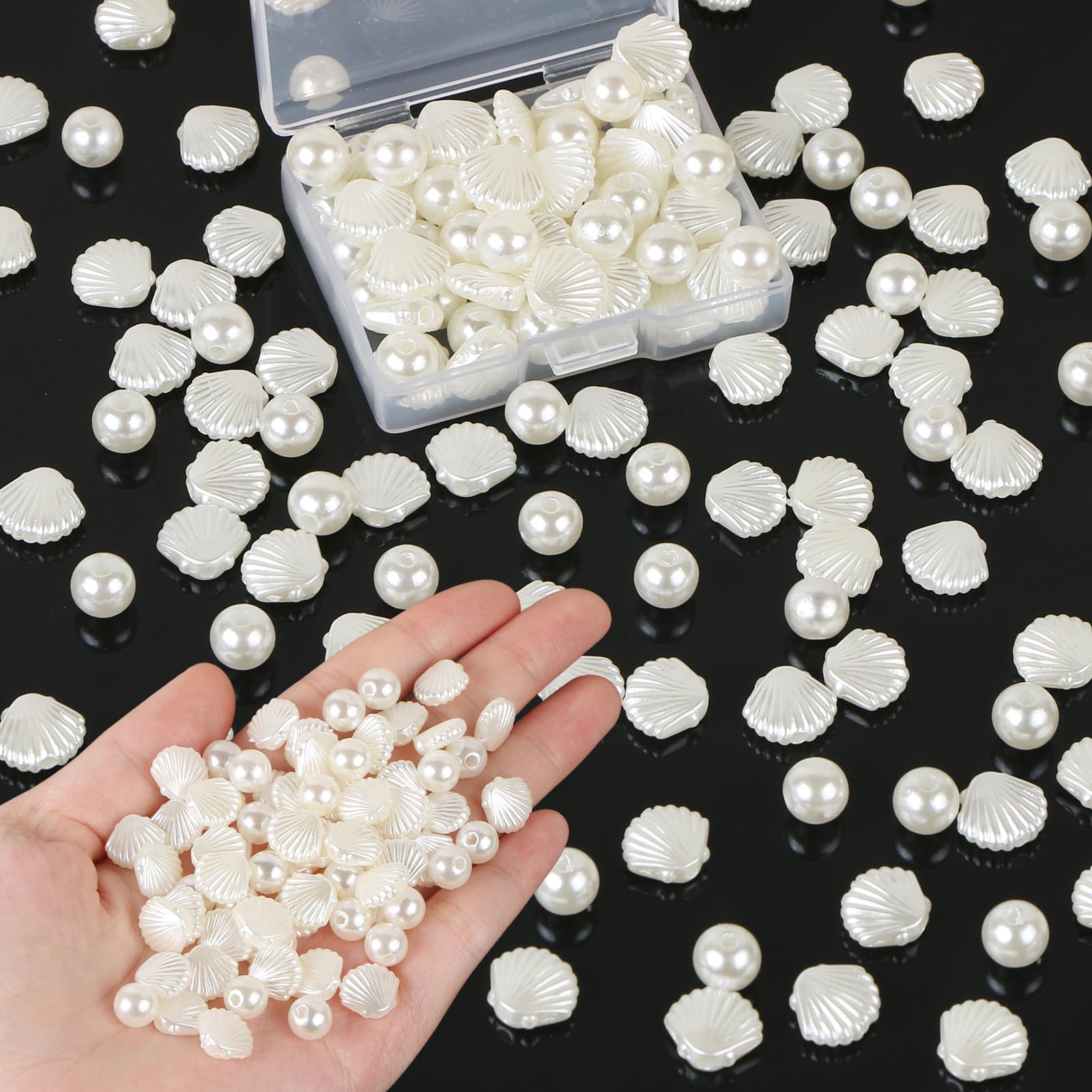 EVERMARKET 200 Pcs Acrylic Pearl Shell Beads for Jewelry Making, Round & Oval Shaped, White Color, Cute Seashell Beads with Box, Loose Beads for DIY