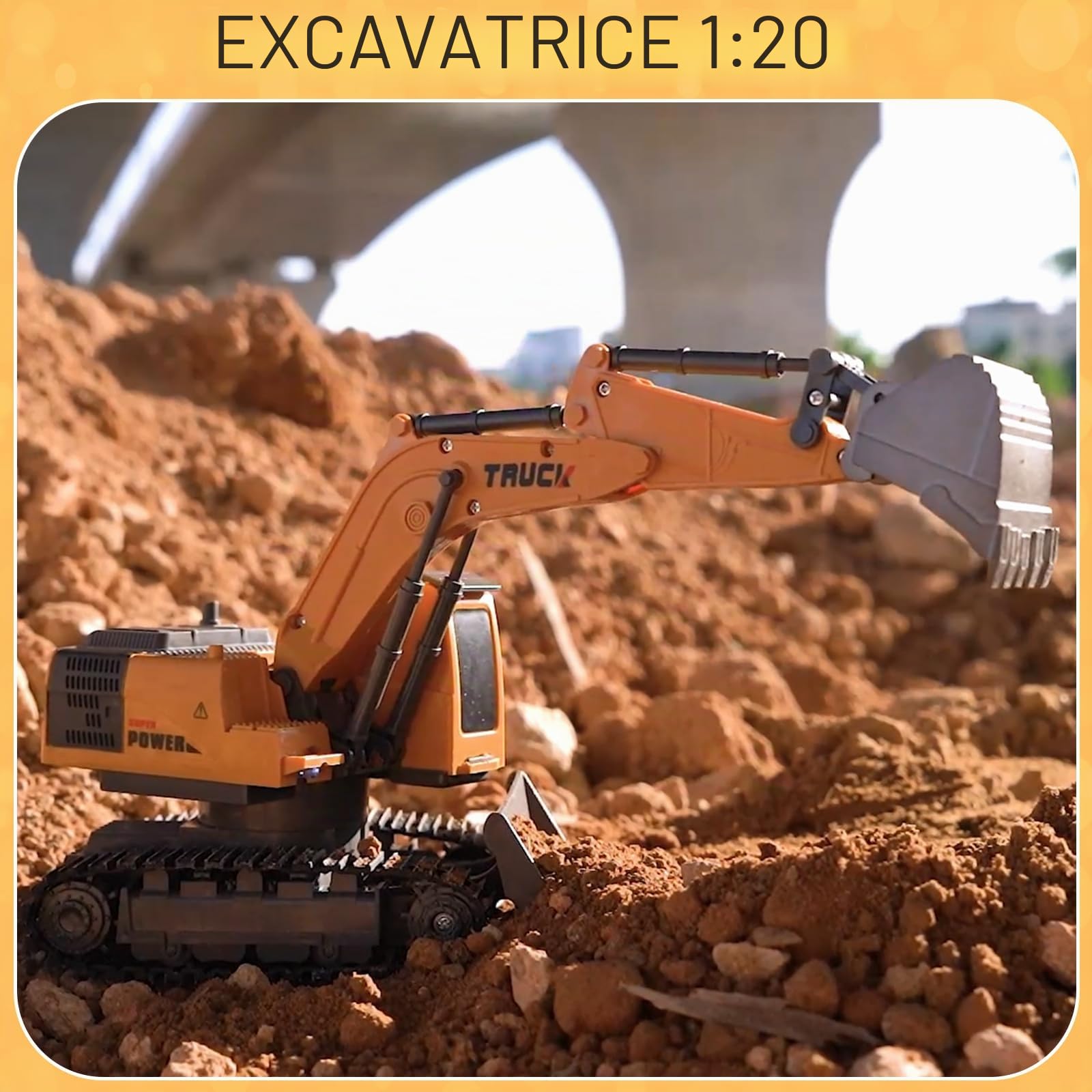 Jouets d'excavatrice télécommandée pour garçons, tracteur pelleteuse RC 2 en 1 avec bulldozer, véhicules de construction 2,4 GHz avec lumière et musique pour garçons de 3, 4, 5, 6, 7, 8 à