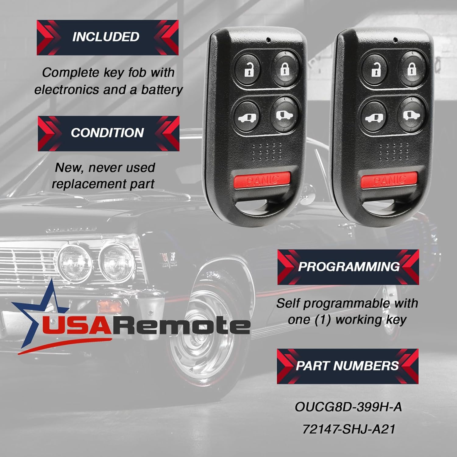 Key Fob fits 2005-2010 Honda Odyssey Keyless Entry Remote Van (OUCG8D-399H-A), Set of 2
