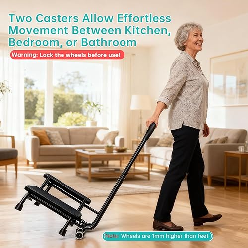 Miniatura 2 de Taburete de 2 escalones con pasamanos y 2 ruedas para ancianos, escalones de cama para camas altas para adultos, plataforma antideslizante y