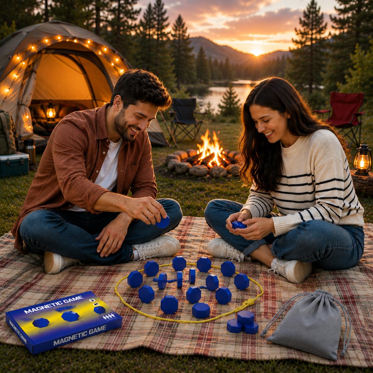 Magnetisches Schachspiel, 20 Magnetsteine in voller Größe mit Seil & Aufbewahrungstasche, tragbares Strategie-Brettspiel für Familienspielabend, Reisen, Camping, Partys, für Erwachsene