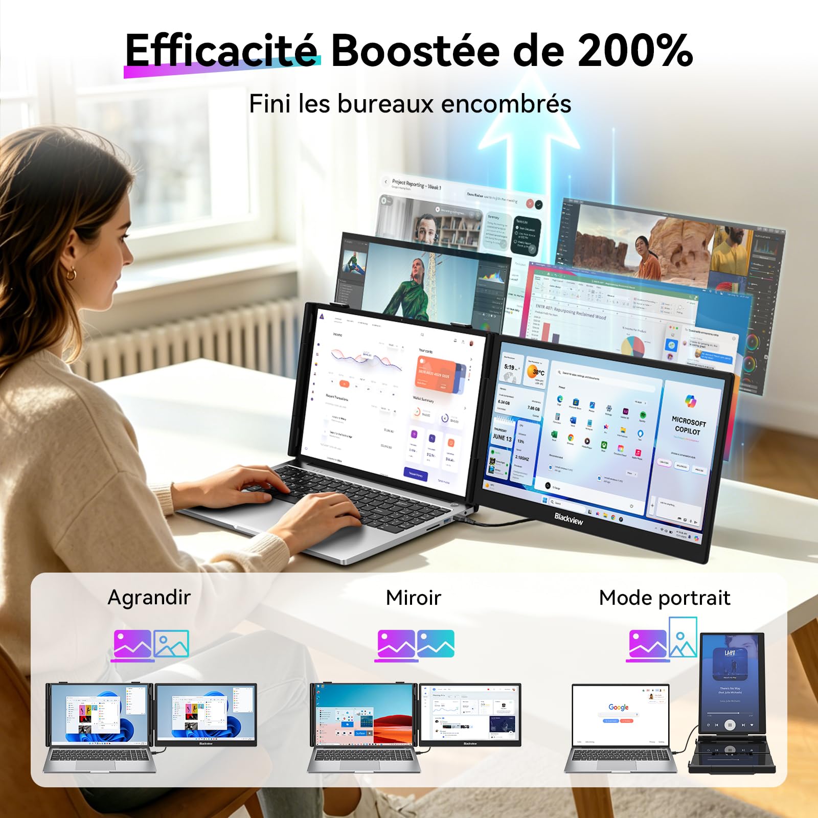 Blackview SCM5 Moniteur Portable 14,1", Ultra Fine FHD 1920P Certifié TÜV Écran Portable pour Ordinateur, 13,3"-17,3", Plug & Play Compatible avec Mac, Windows, Chrome, Android