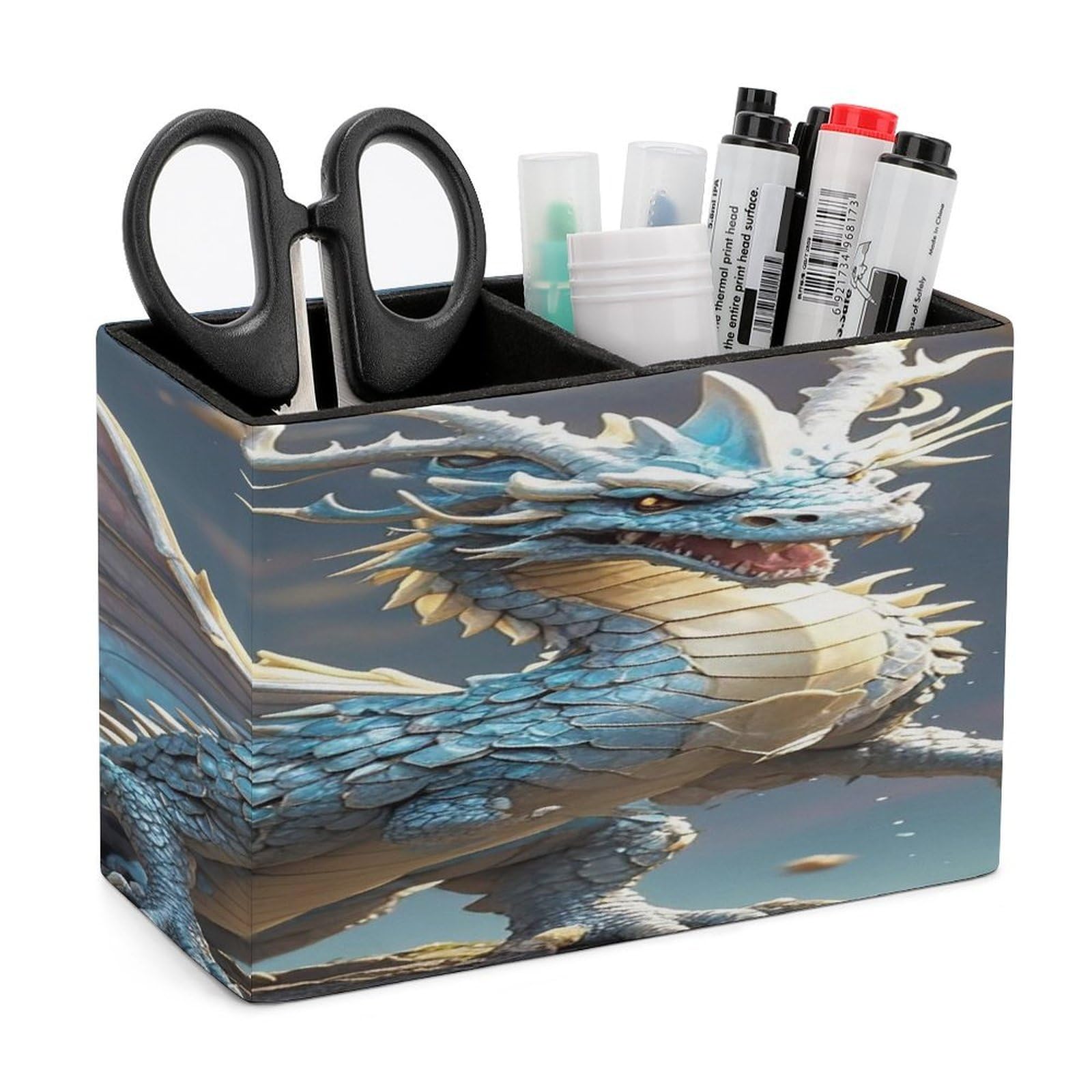 LZQPOEAS Fantasy Style Dragon Leather Pen Holder with 2 Compartments Luxury Pencil Holder Minimalist Pencil Cup Brush Scissor Holders Elegant Pen Cup for Office Home Desk Accessories
