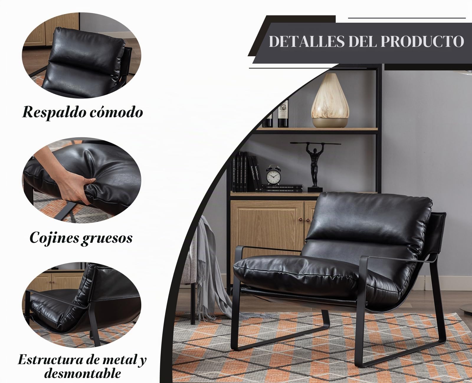 Ya-Home Sillon Individual Moderno Silla Ocio de Salón con Patas Negras,Silla Relax de PU Cuero con Brazos Butaca de Lectura Sencillo para Hogar/Apartamento,Negro