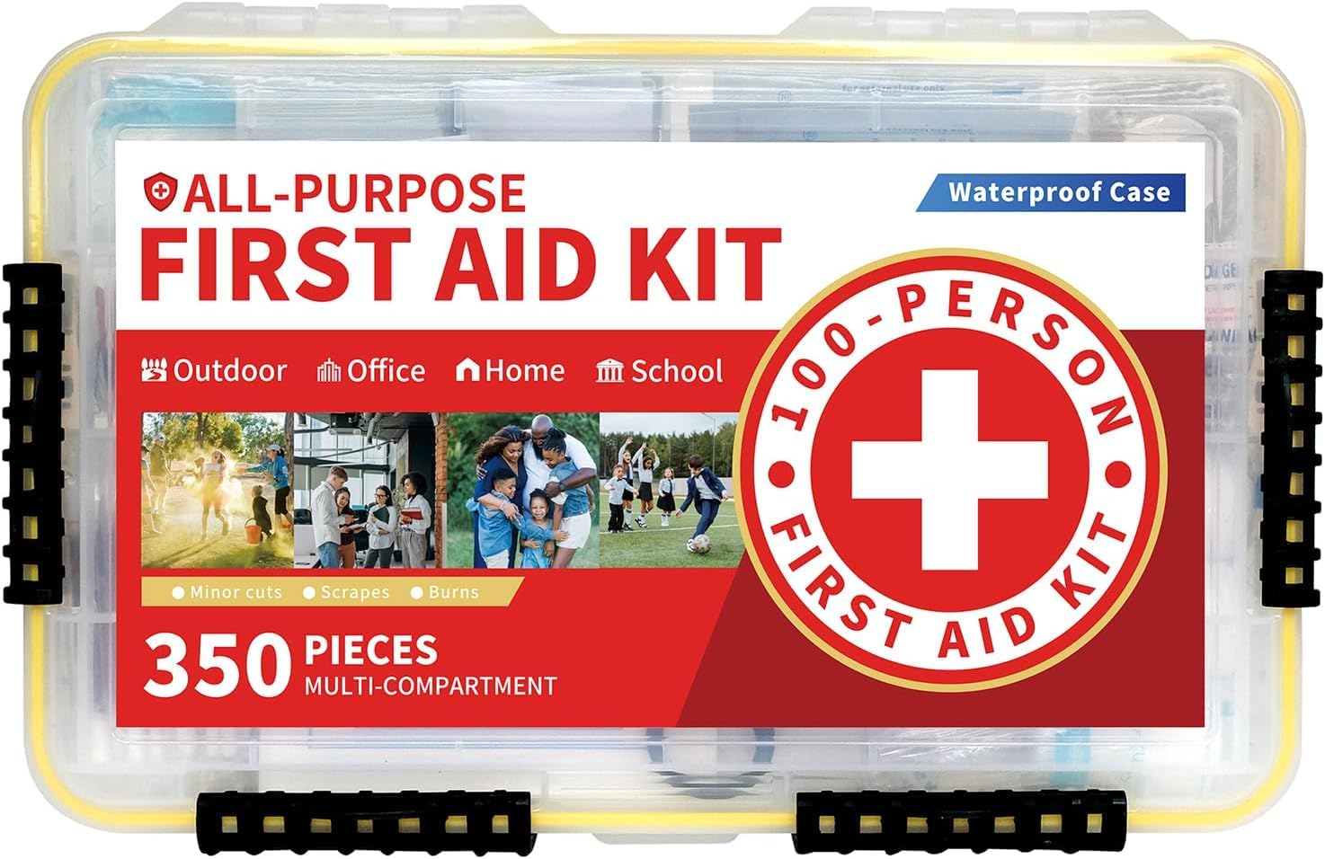 Prelady Kit de primeros auxilios de emergencia multiusos de 350 piezas para 100 personas, estuche de plástico impermeable, claramente organizado para una recuperación rápida, perfecto para el hogar
