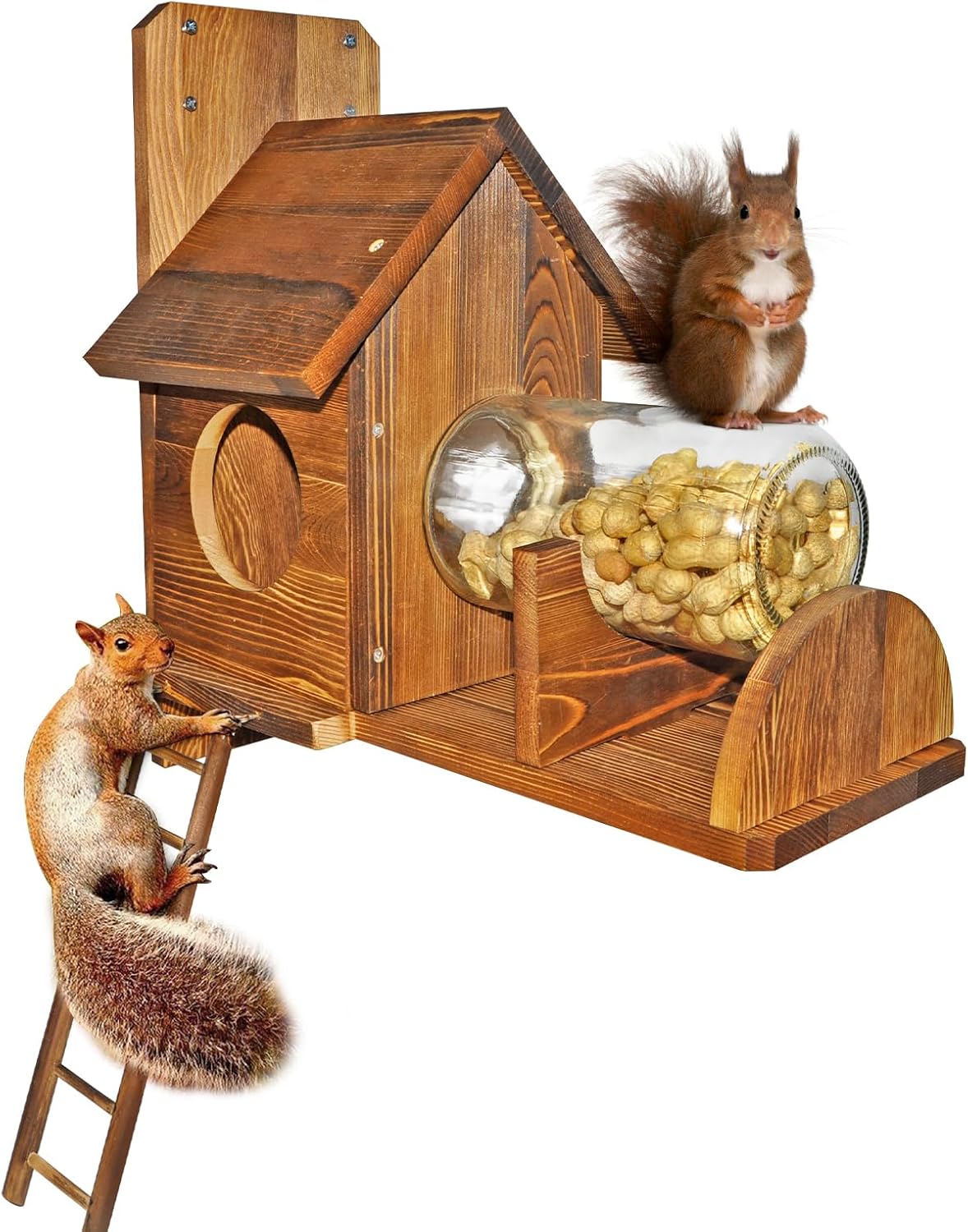 Squirrel Feeder with Ladder, Wood Squirrel Feeders for Outside, Funny Squirrel House with Nut Peanuts Storage Bottle and Corn Cob Holder, Easy to Install