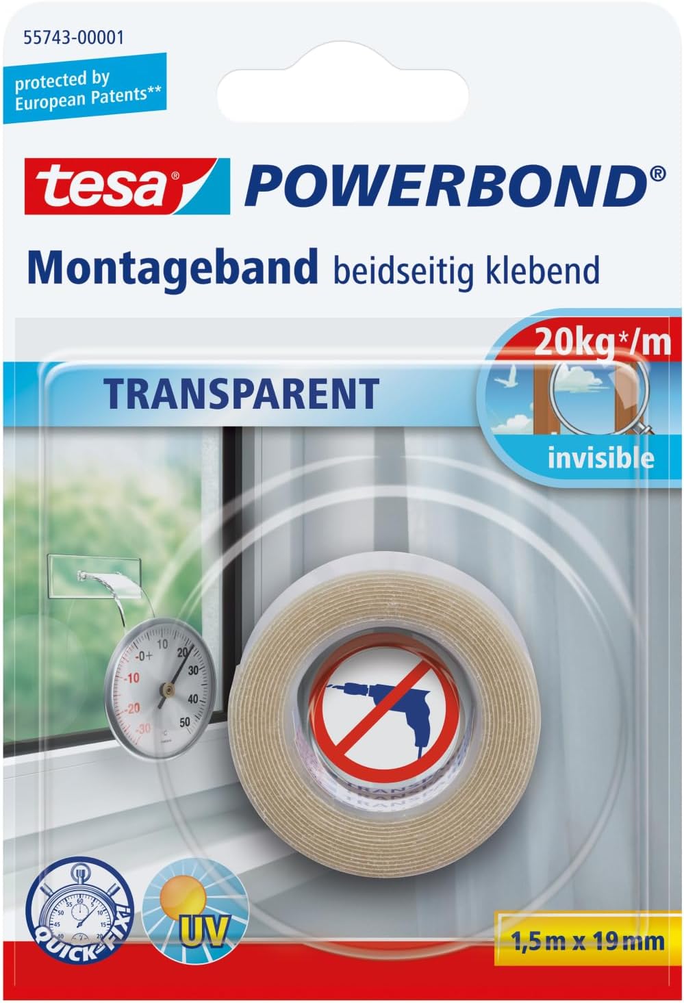 Tesa Powerbond Double Sided Mounting Tape - Transparent/Clear 1.5 m x 19 mm 55743-00000-02