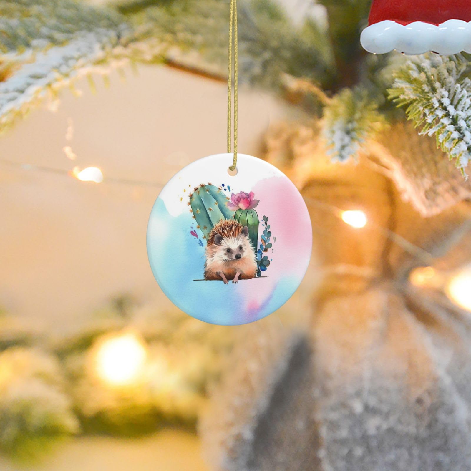 Christmas Tree Ornaments Ceramics Christmas Round Decorations Watercolor Hedgehog Ceramics Ornaments Circle Pentagram Xmas Tree Hanging Pendant for Christmas Tree Party Holiday Home Decor