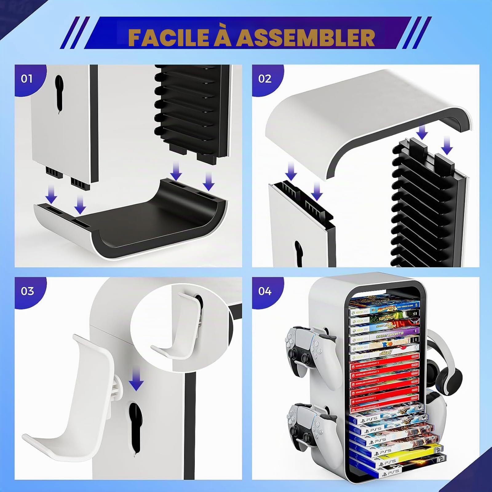 Tour de stockage de jeux, organisateurs universels de disques de jeu, stocke 18 jeux avec 4 supports de manette pour jeux PS5/PS4/Xbox One/Xbox Series S&X/Nintendo