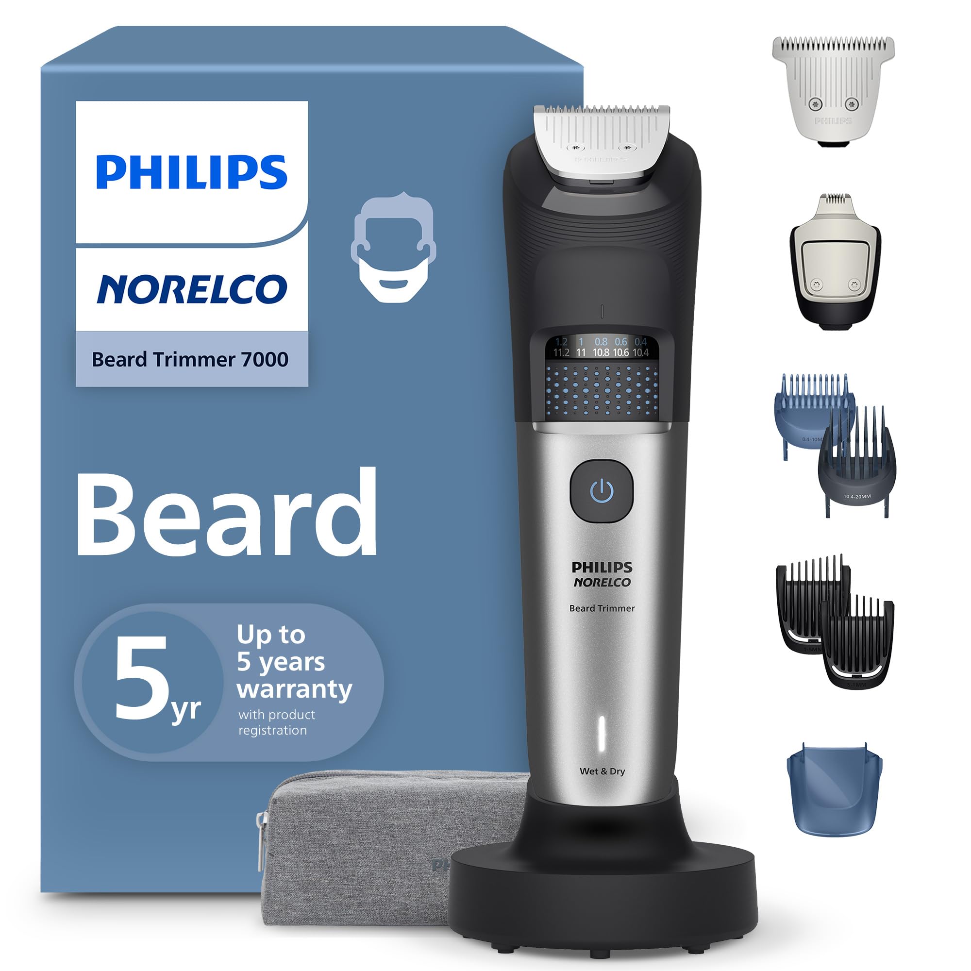 NorelcoPhilips Beard Trimmer 7000 Series, 100% Waterproof Trimmer for Men, 40 Lock-in Hair Length Settings, BeardSense Power Adaptability, Detail & T-Blade Trimmer Heads, Charging Stand, BT7670/40