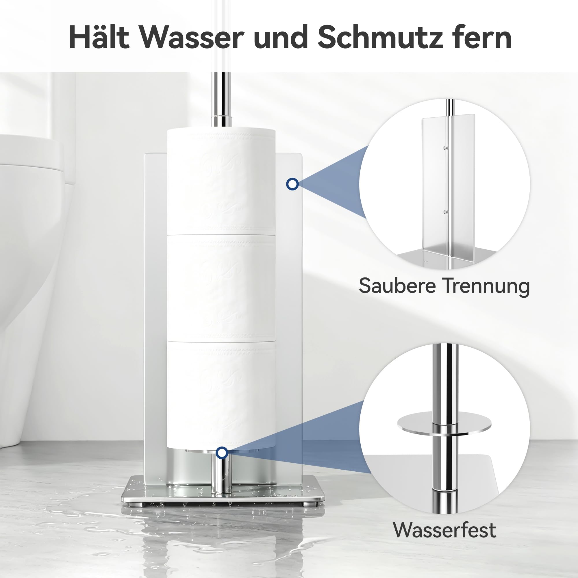 Toilettenpapierhalter Stehend mit WC Bürste - Toilettenbürste und Klorollenhalter Stehend mit Glasregal, Ohne Bohren, Edelstahl WC Garnitur mit Klopapierhalter Stehend und Klobürste (Silber)