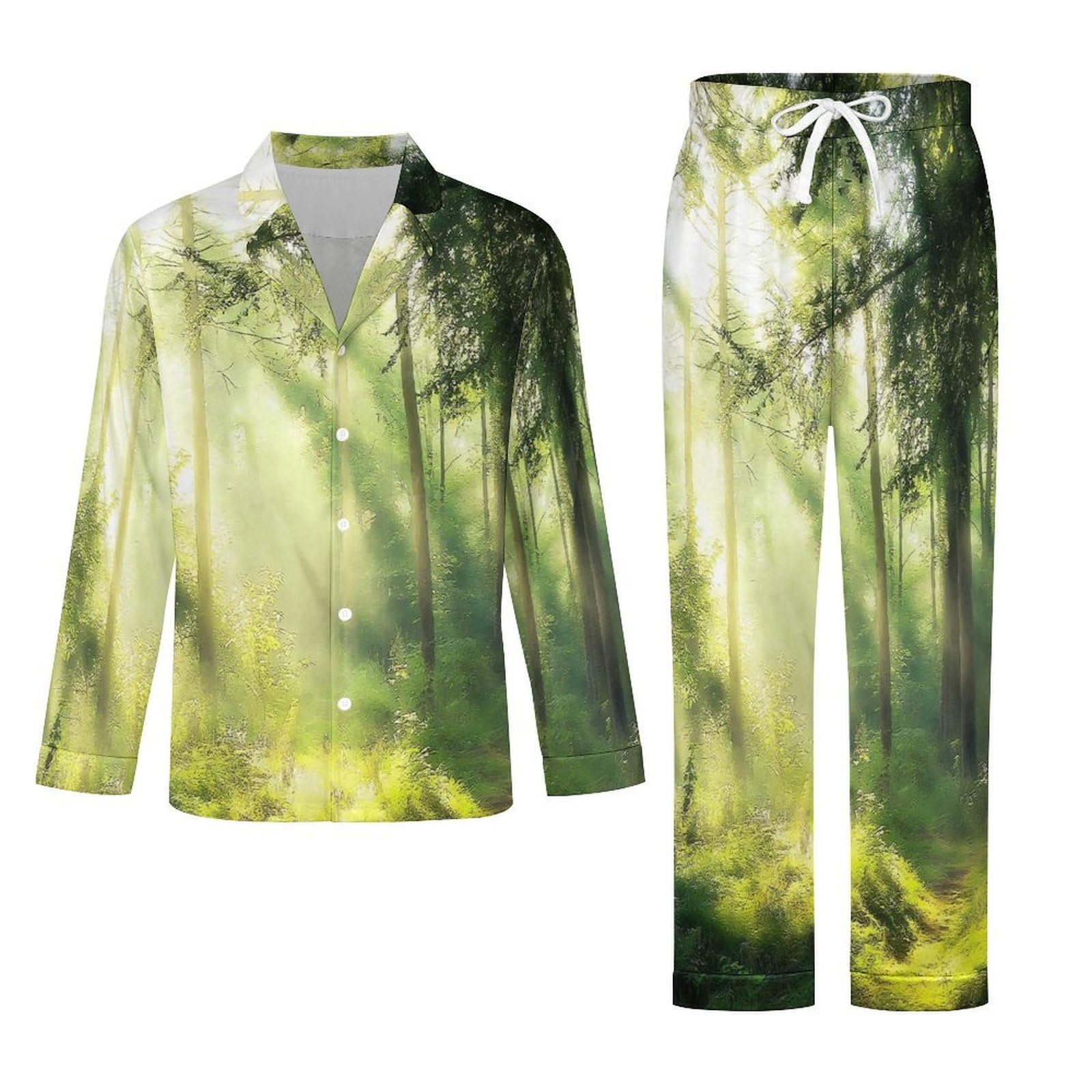 OLEETS Pigiama A Maniche Lunghe da Uomo - Foresta Verde Completo da Notte Pantaloni Caldo Invernale Comodo con Tasche Top Morbido E Ampio 2 Pezzi