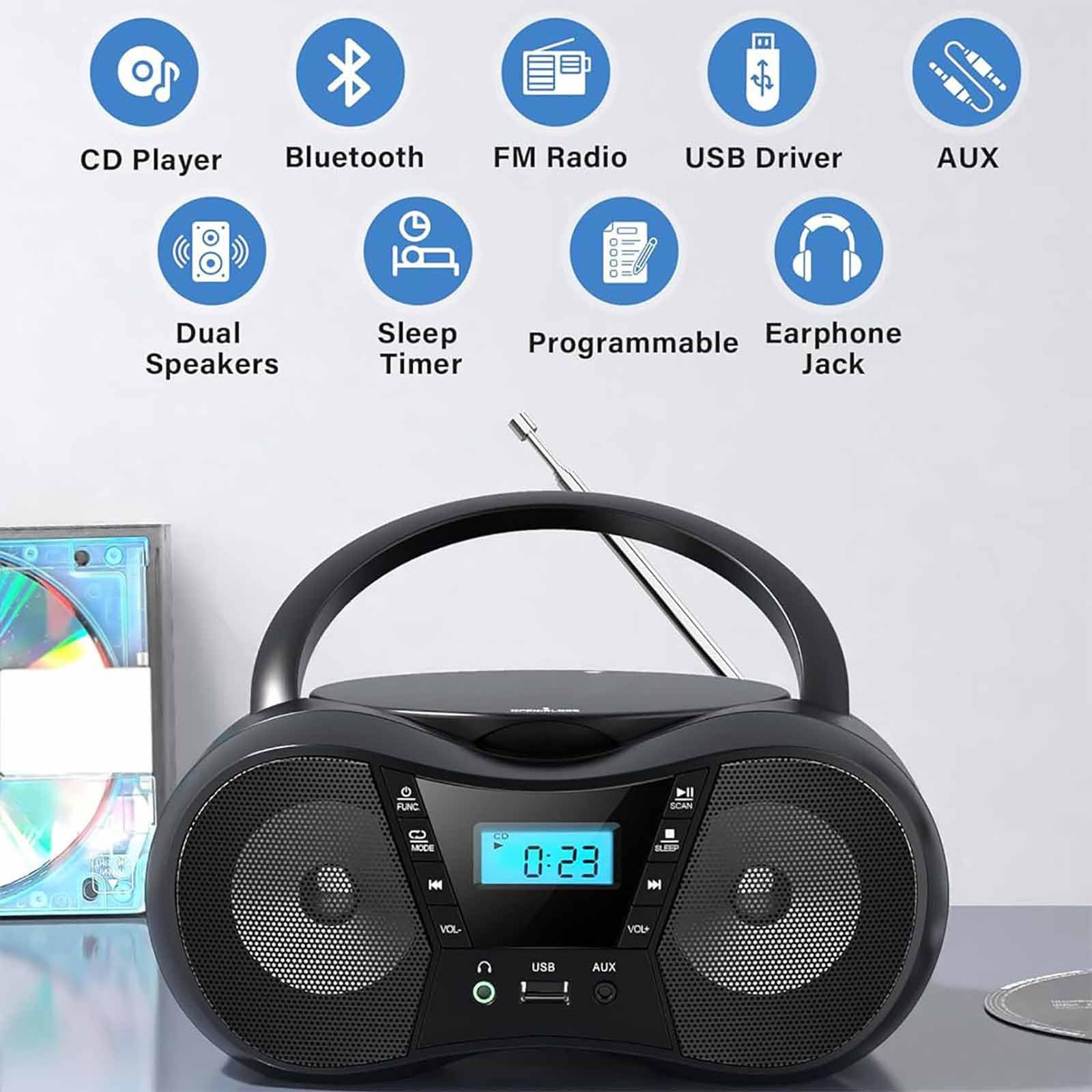 Boombox portatile con lettore CD con display LCD, cuffie, alimentazione a batteria, timer di spegnimento, AUX/USB/FM, connettività migliorata per un facile funzionamento