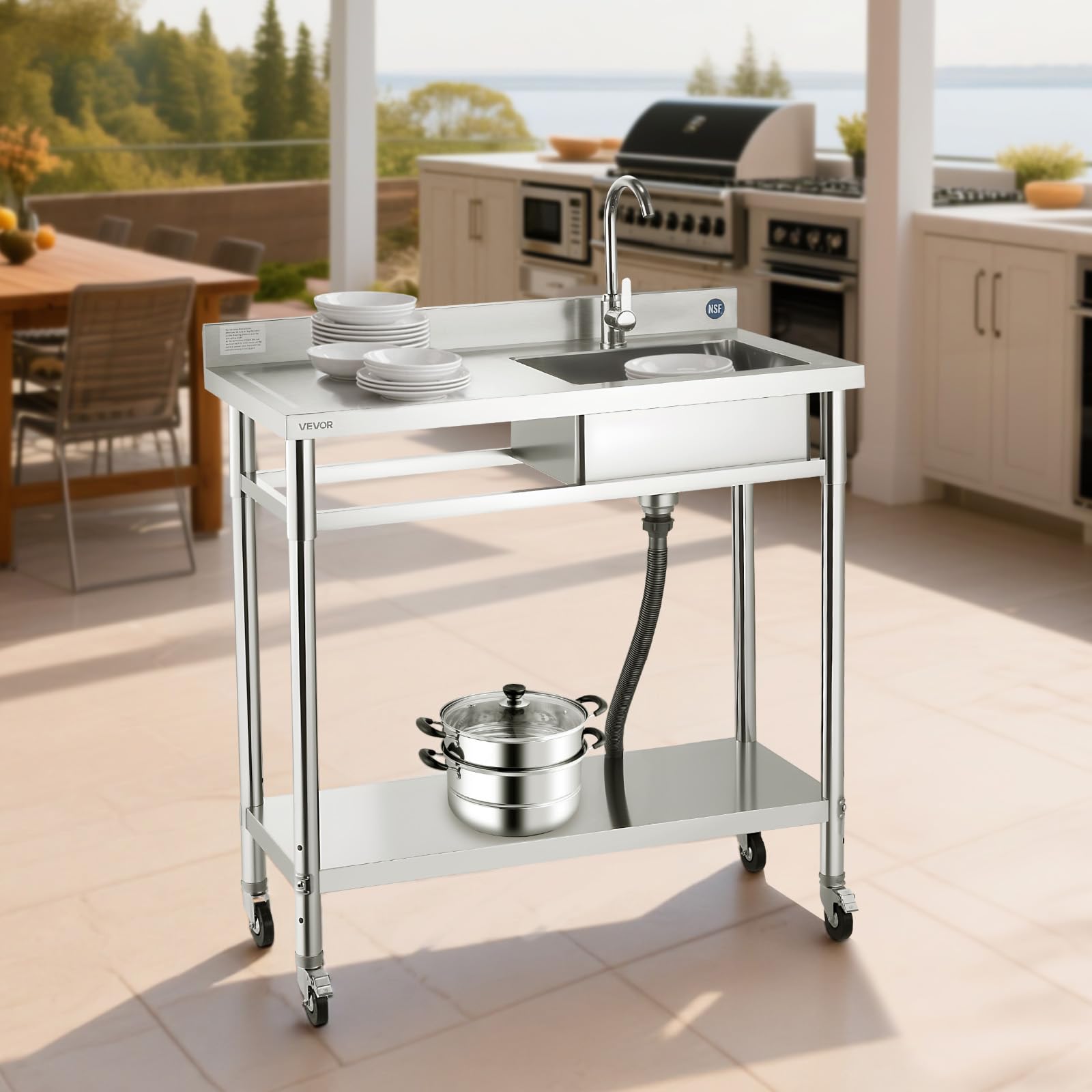 VEVOR Fregadero de Acero Inoxidable, 1000 x 500 x 1055 mm, de Un Seno con Grifo y Ruedas, Fregadero de Cocina para Garaje, Restaurante, Lavandería, Lavabo Exterior con Encimera Izquierda, Plata