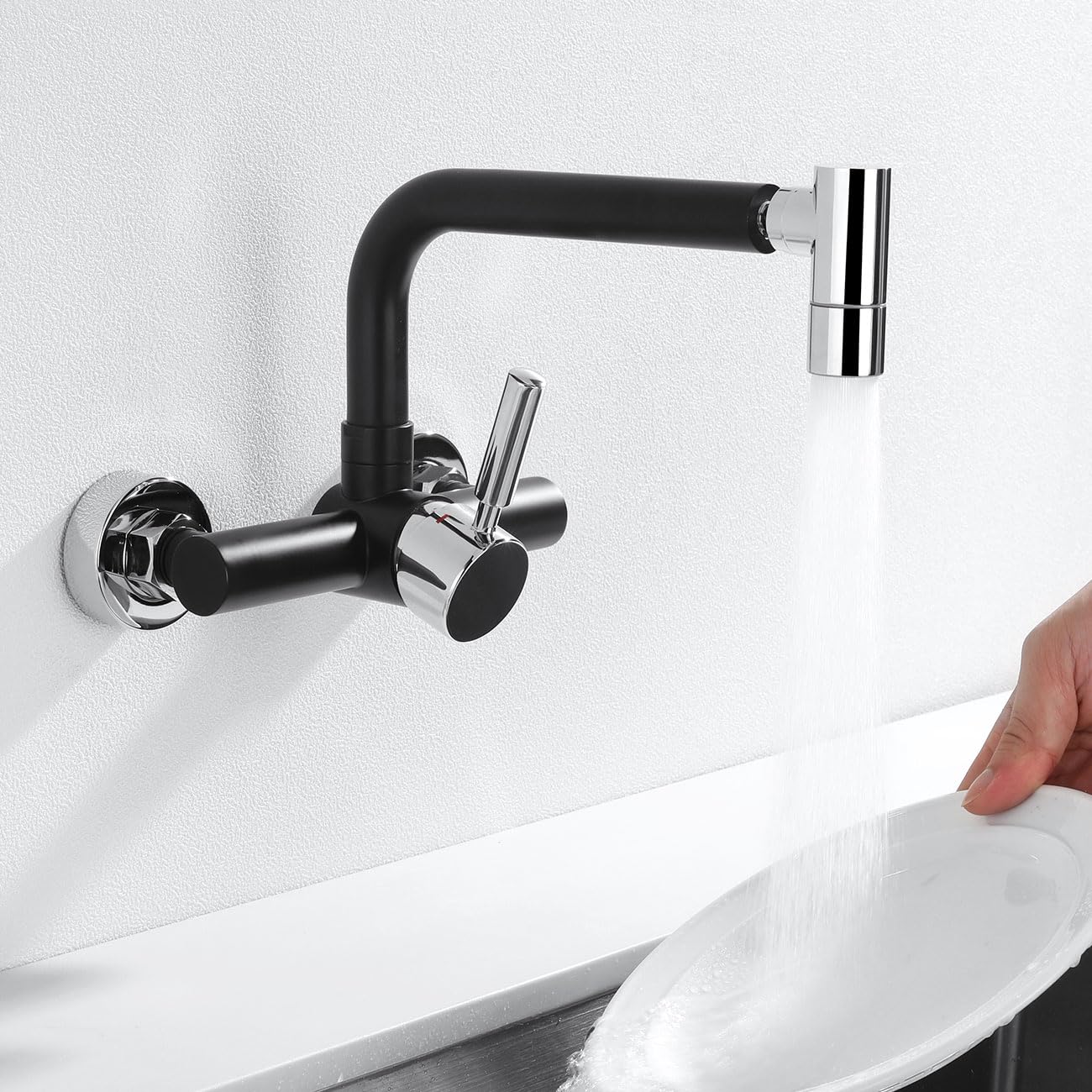 Grifo Cocina de Pared 15cm con 2 Opciones de Montaje y 2 Modes | Mezclador Negro de Fregadero Rotación de 360°, Grifería con Caño Giratorio 360°, Acero Inoxidable, Aireador Extraíble