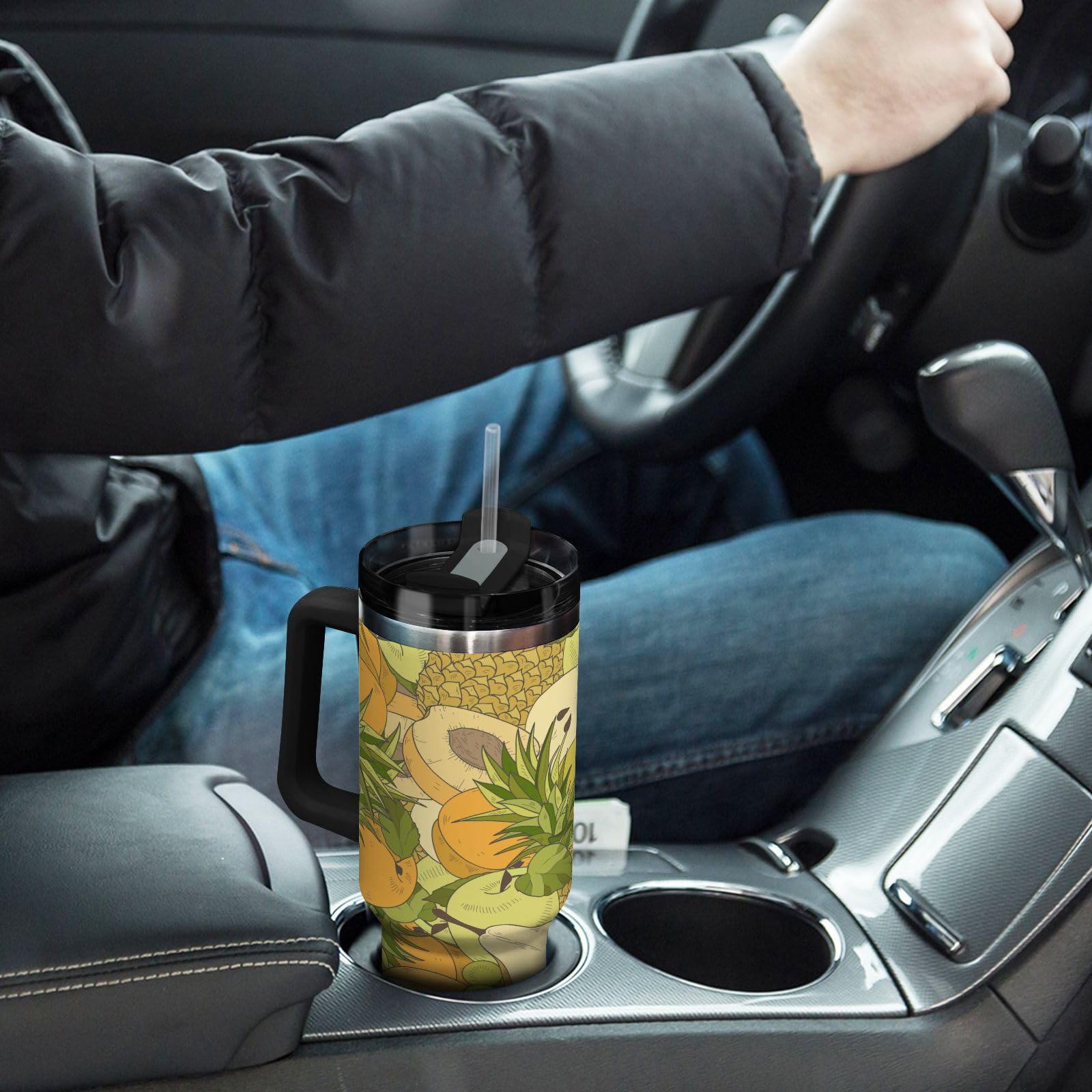 Isolierter Becher Sommerfrucht doppelwandig Edelstahl Wasserflasche Kaffeetasse Reisebecher mit Griff Strohhalmdeckel