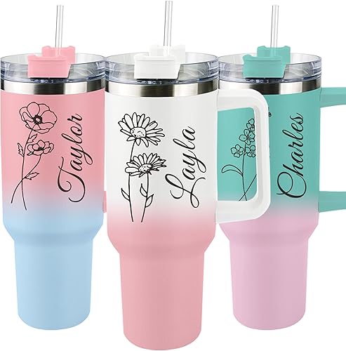 Miniatura 7 de ThermoThrill Se envía al día siguiente, vaso personalizado de 40 onzas con asa y pajita Vaso personalizado con texto Taza de acero inoxidable