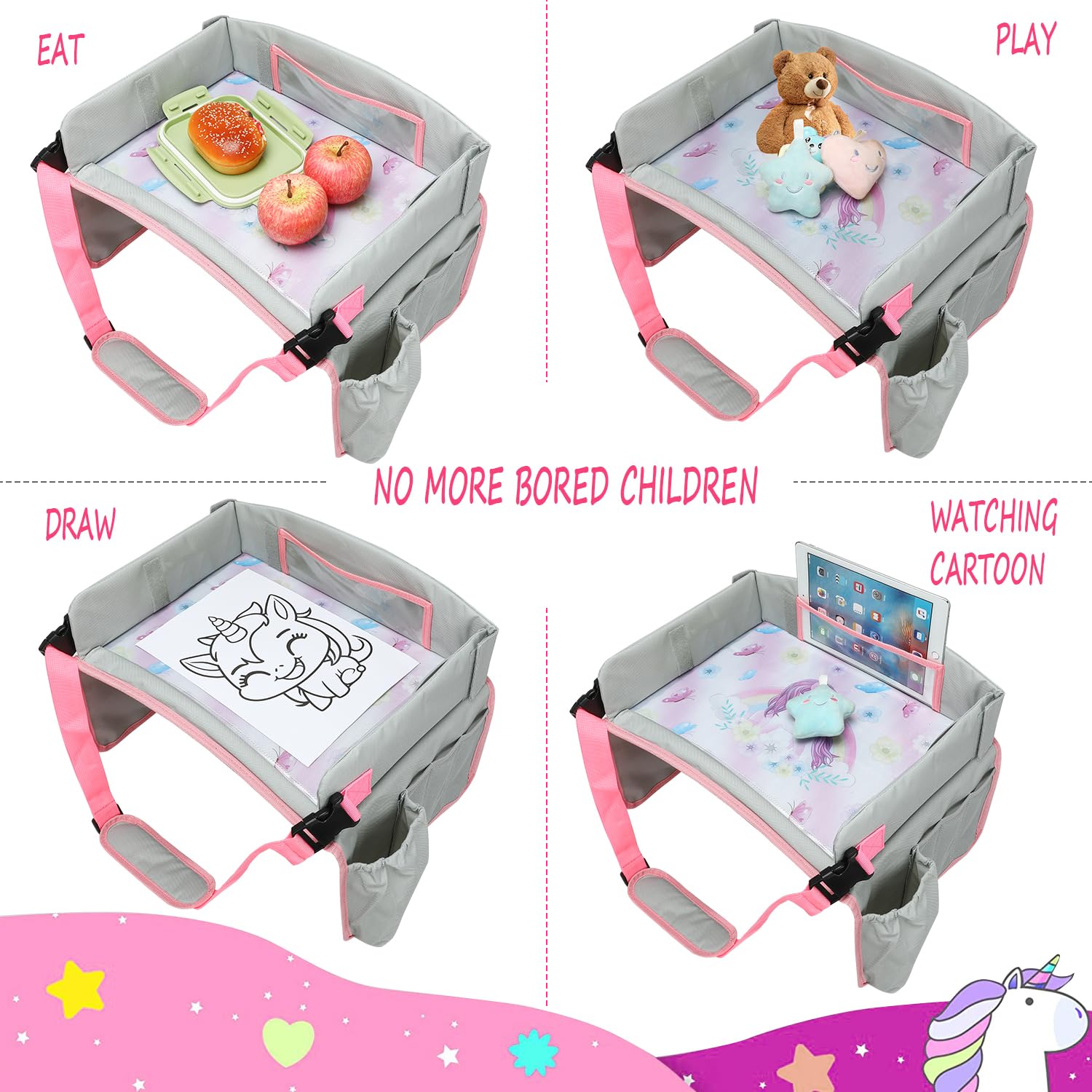 Bandeja de Viaje para coche y avión - Mesa de actividades portátil con Soporte para Tablet y Cubierta Protectora - Organizador de Coche Impermeable y Plegable.