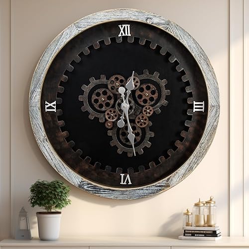 Reloj de pared grande de 16 pulgadas con engranajes móviles para decoración de sala de estar, madera decorativa, grande, estilo steampunk,