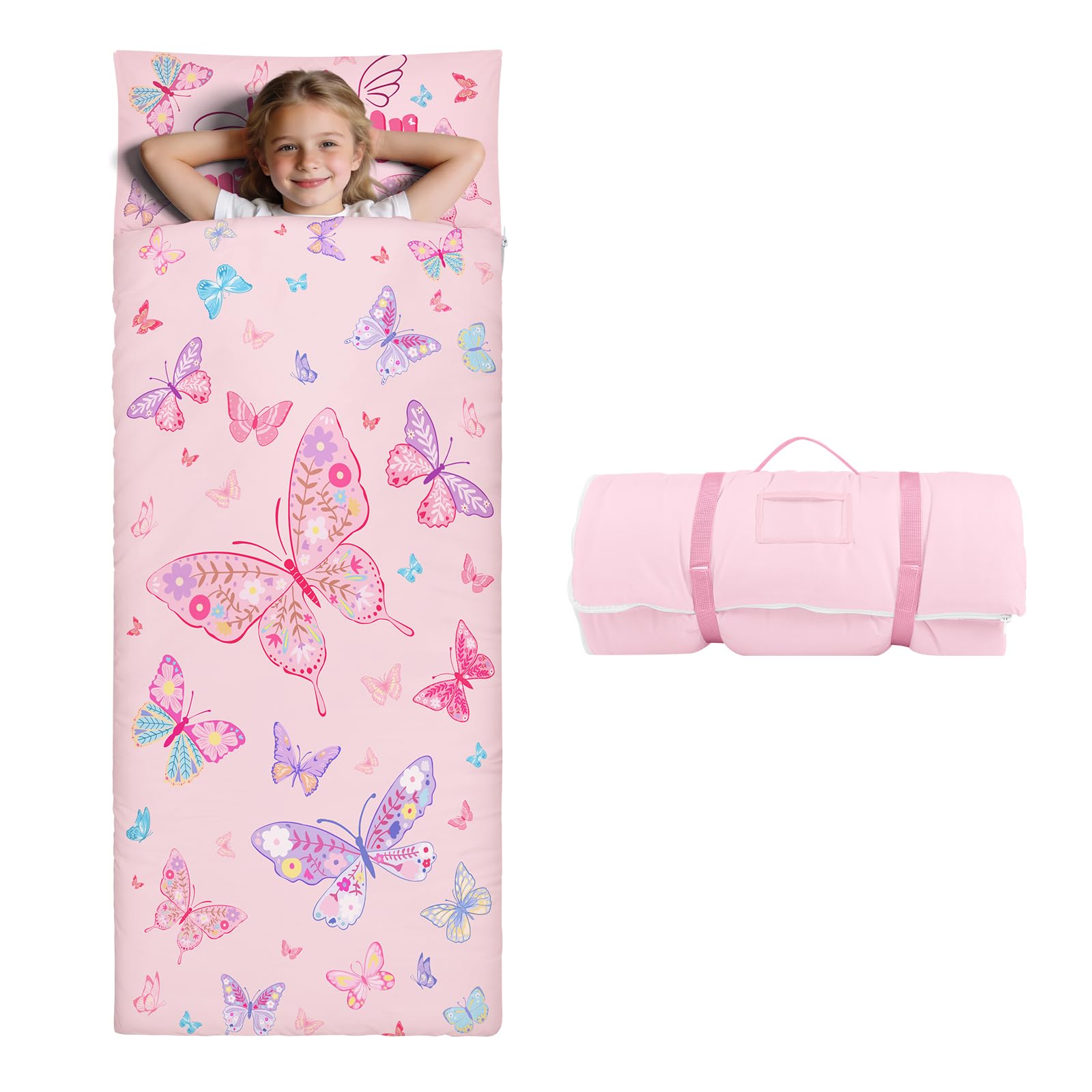 Kids Sleeping Bag-Pillow,Mat and Blanket Included-Comfy Nap Mat for Toddlers Girls,All-In-One Sleepover Bag for Travel Nursery,Gift for Birthday Christmas,Butterfly — image 1
