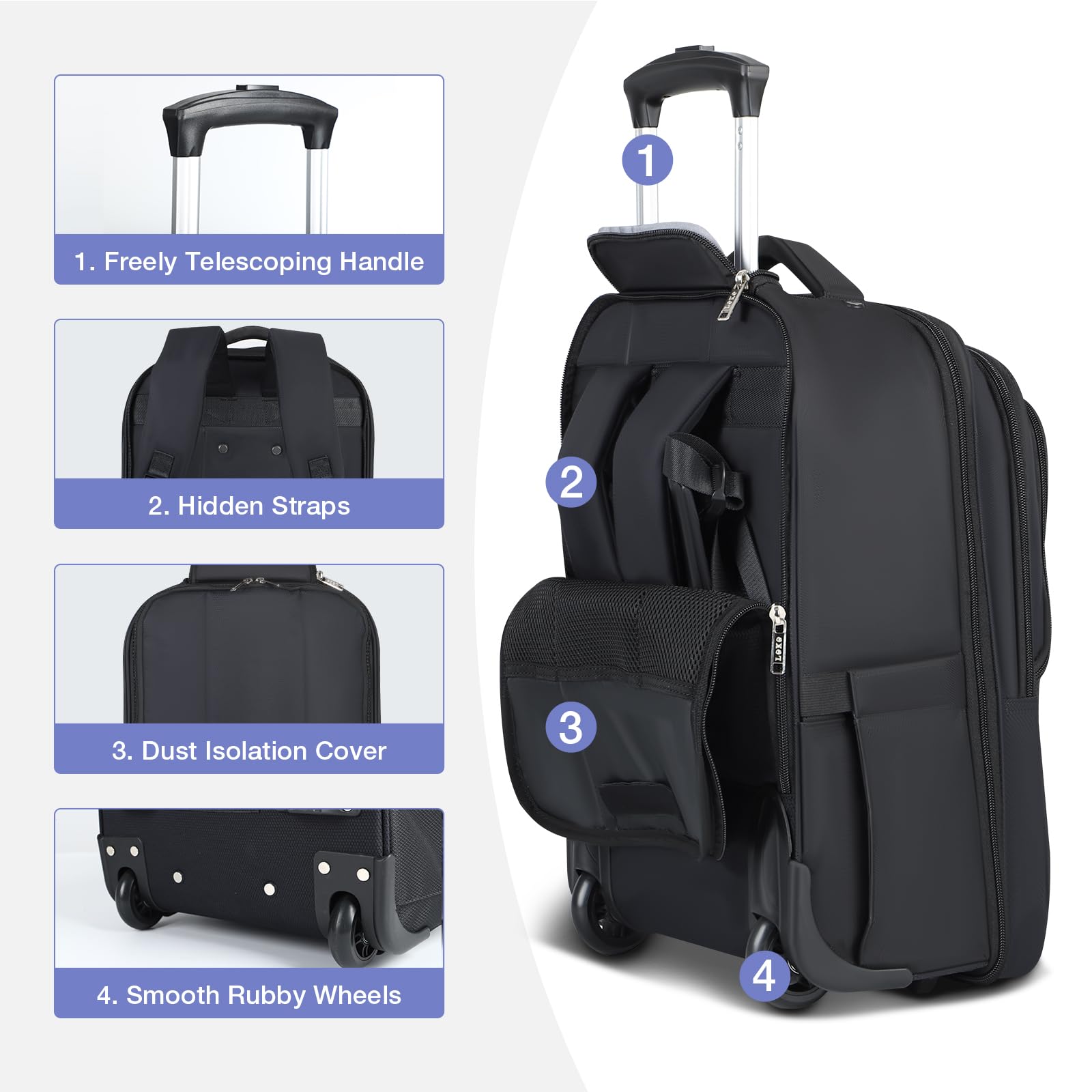 Zaino Trolley Viaggio, Porta PC 17 Pollici Bagaglio a Mano, Impermeabile Borsa da Viaggio con Ruote per Uomo e Donna, Scuola, Università, Viaggi, Università,Aereo Affari, Nero
