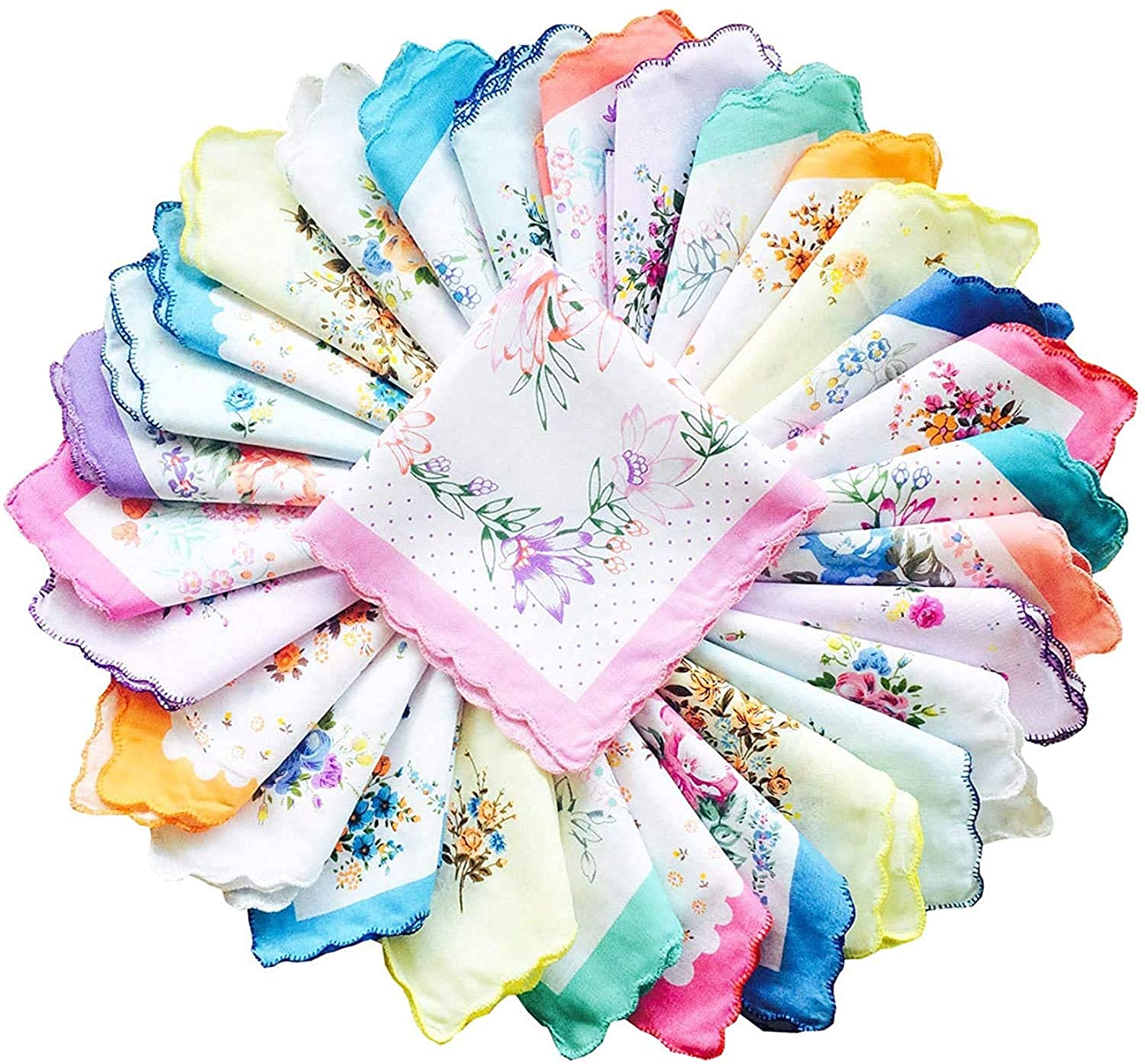 Prime deal12 Pieces Large Size 13X12 Inches Cotton Flower Printed White Hankies Women Ladies Handkerchief
