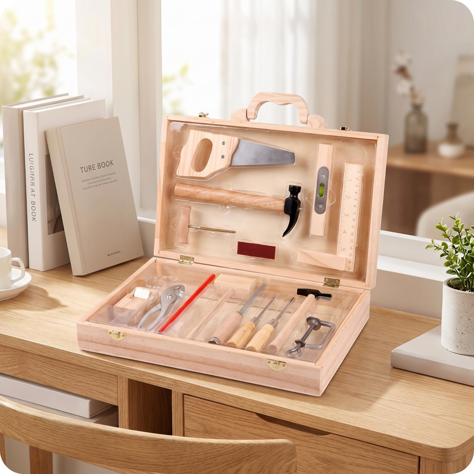 Banco da Lavoro Bambini Set Giocattolo Falegname Simulazione Strumenti in Legno con Manico Superficie Stabile Metallo Adatto per Gioco di Ruolo Educazione Domestica Regalo Bambini