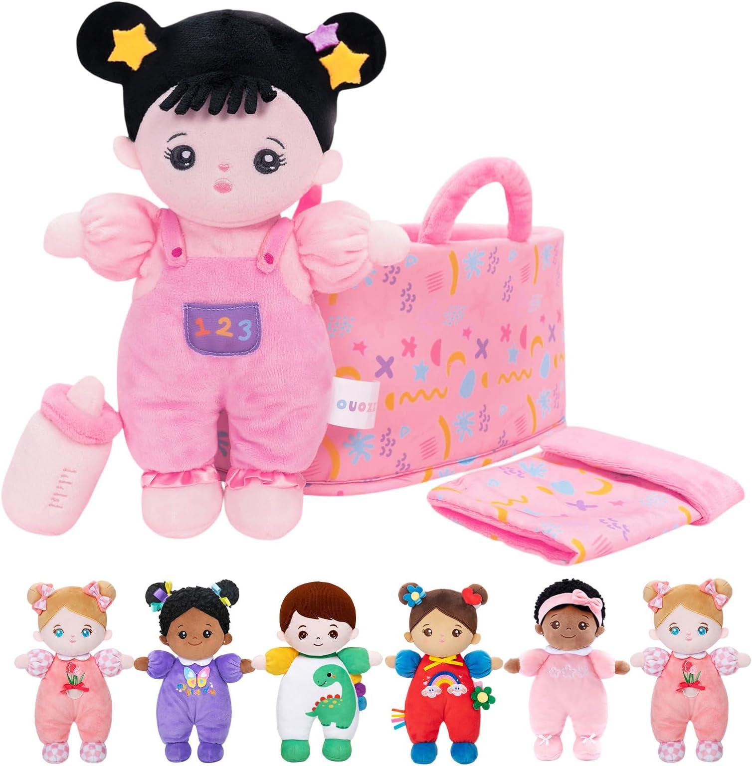 OUOZZZBaby Doll with Carry Bag and Doll Accessories, Pink, 25 cm, Soft Rag Doll, Black Hair, Cuddly Doll for Children from 3 Months - Baby Gift for Birth Girls Boys