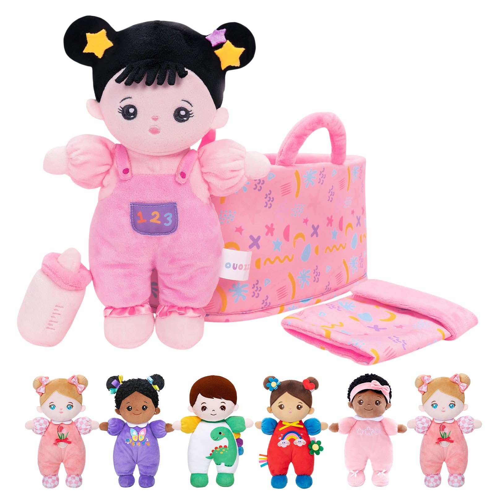OUOZZZBaby Soft Doll with Carrying Case and Doll Accessories Pink, 25cm Soft Cloth Doll Black Hair, Cuddly Doll for Children from 3 Months - Baby Gift for Birth Girls Boys