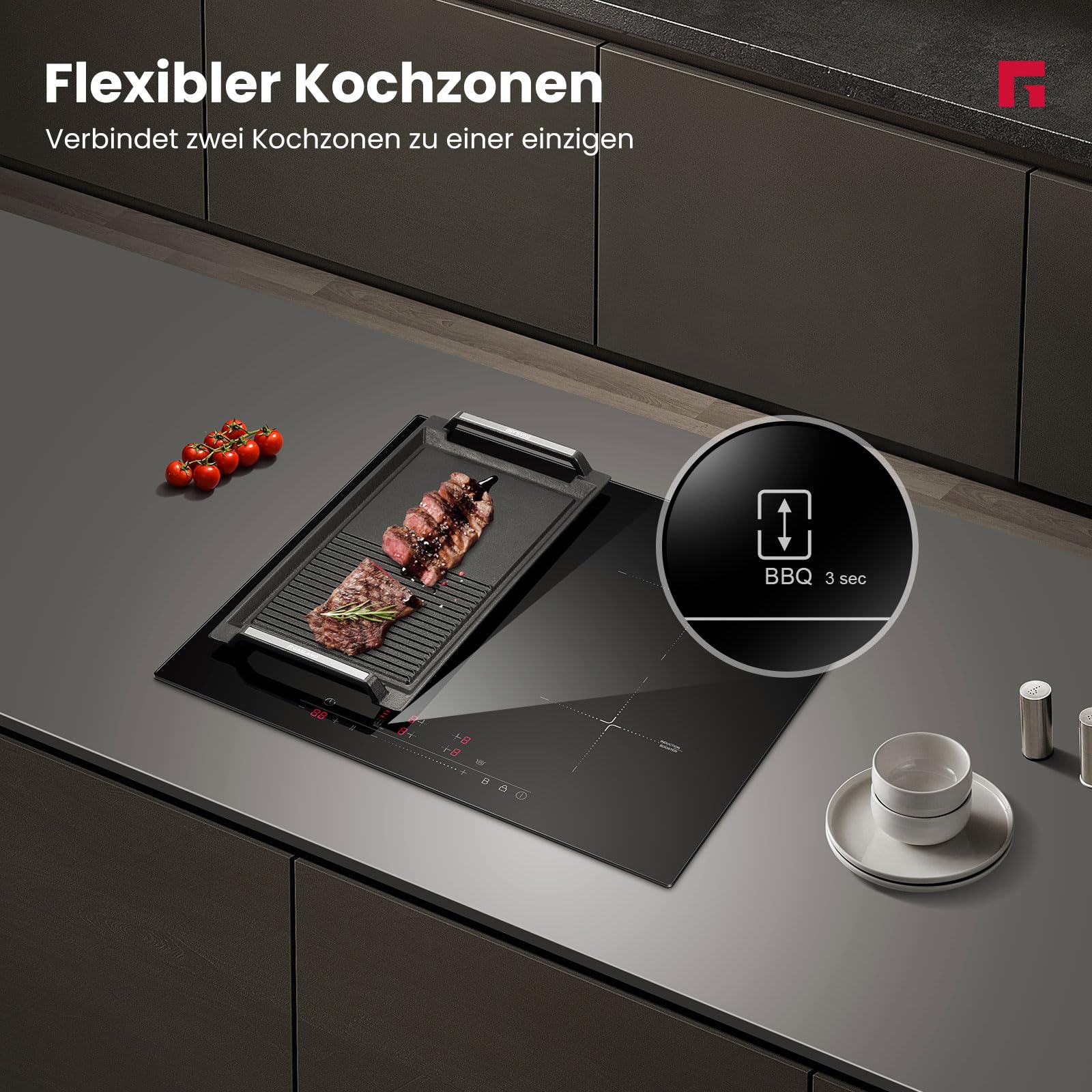 GASLAND IH604BF 60 cm Autarkes Induktionskochfeld mit ein Flexzonen, 4 Zonen Einbau Induktionskochfelder, FlexInduction für BBQ, PowerBoost schnelleres Kochen, 7000W (Ohne Bratpfanne)