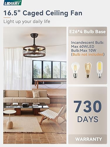 Miniatura 5 de LEDIARY Ventilador de techo enjaulado de 16.5 pulgadas con luz, ventilador de techo industrial sin aspas con control remoto, luces de ventilador de